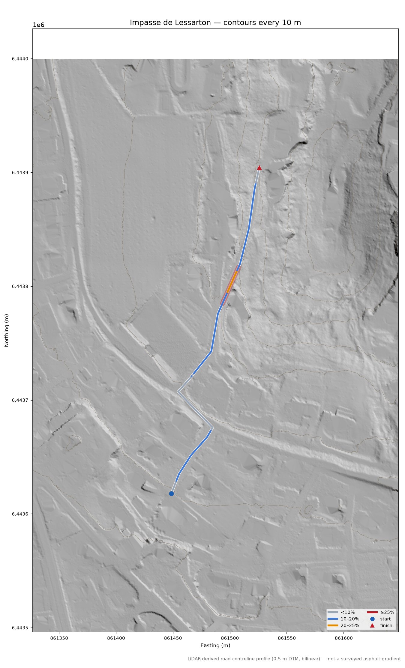 Impasse de Lessarton LiDAR hillshade map with contours