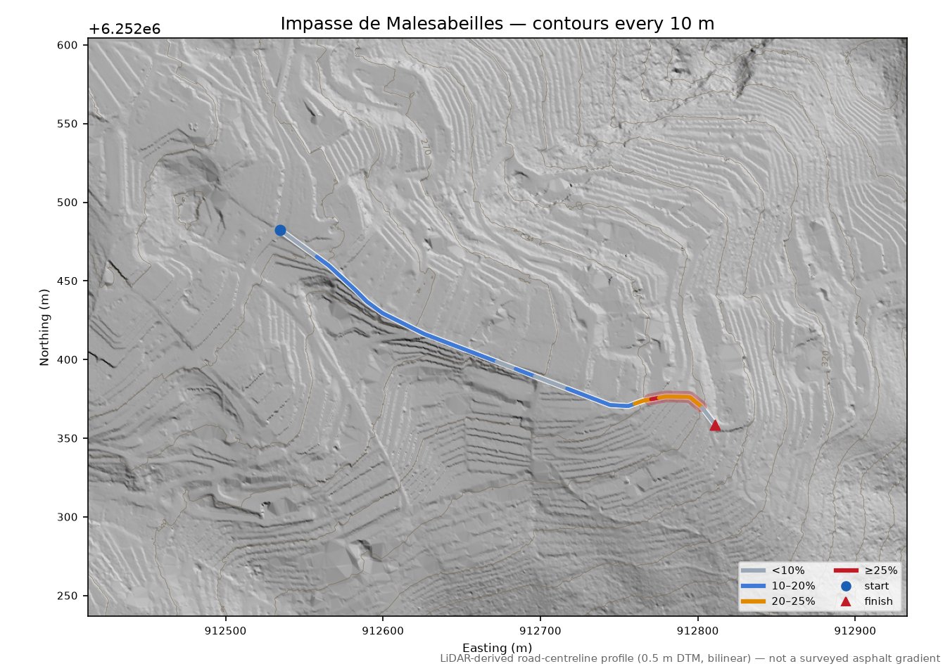 Impasse de Malesabeilles LiDAR hillshade map with contours