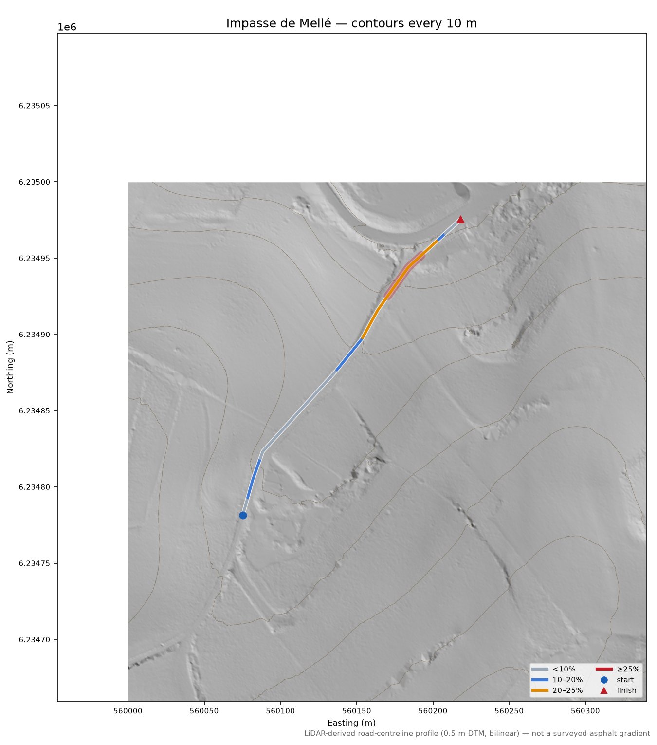 Impasse de Mellé LiDAR hillshade map with contours