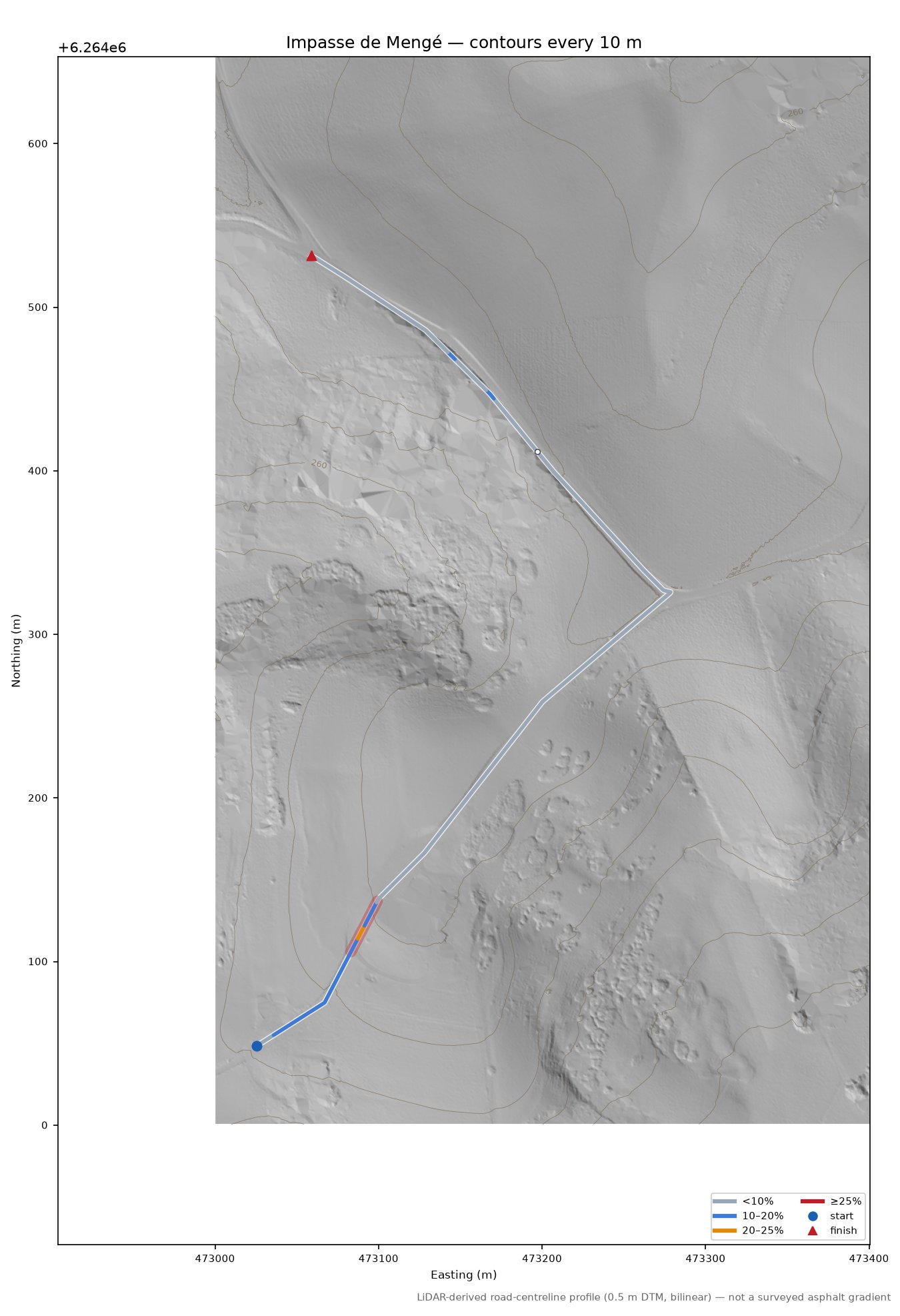 Impasse de Mengé LiDAR hillshade map with contours
