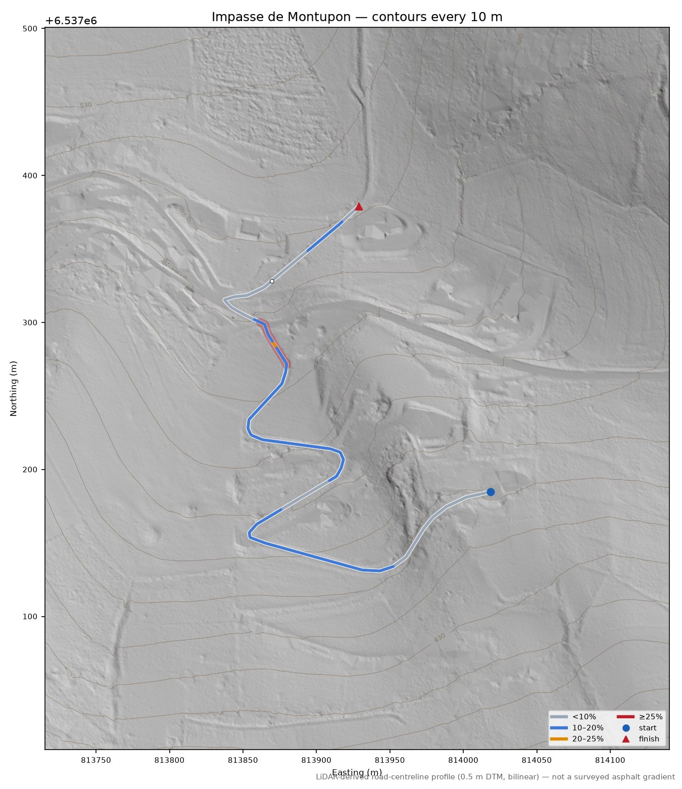 Impasse de Montupon LiDAR hillshade map with contours