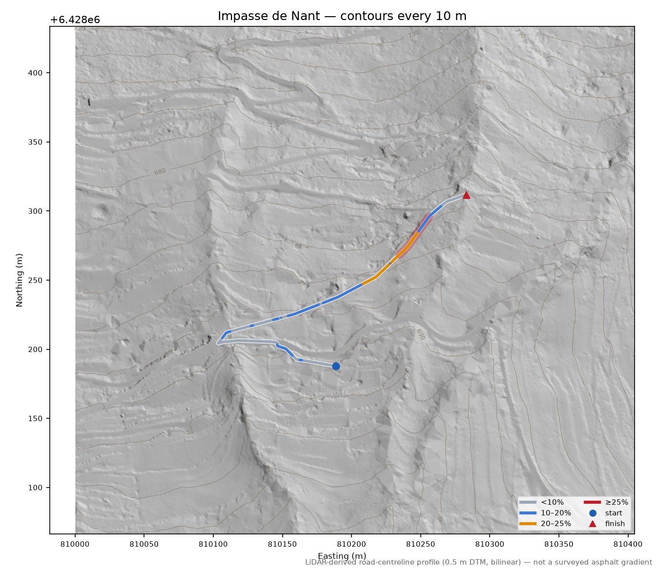 Impasse de Nant LiDAR hillshade map with contours
