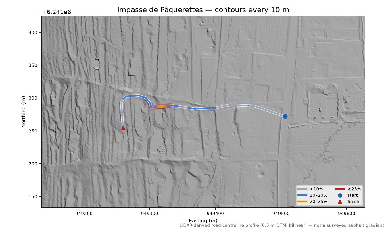 Impasse de Pâquerettes LiDAR hillshade map with contours