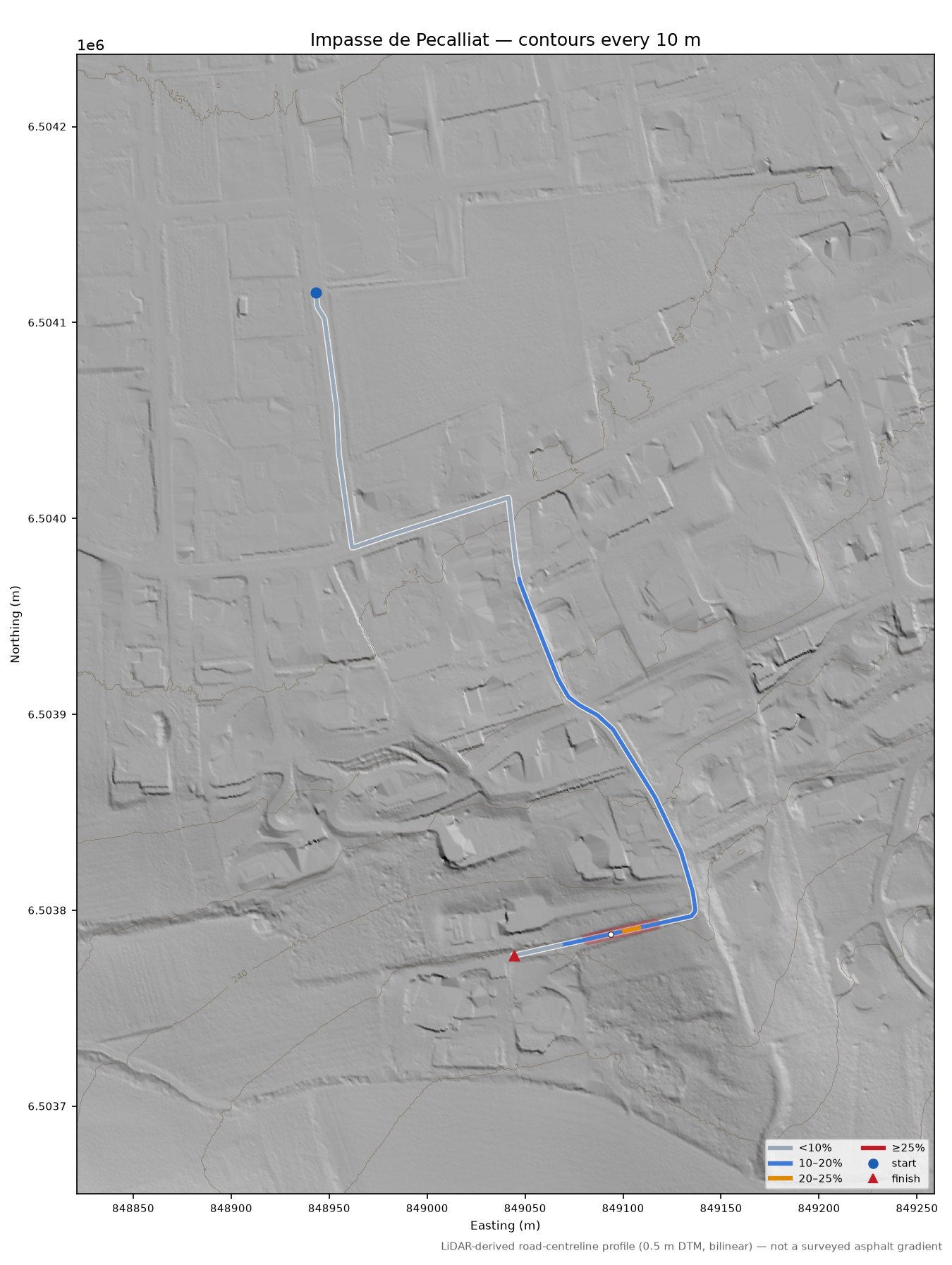 Impasse de Pecalliat LiDAR hillshade map with contours