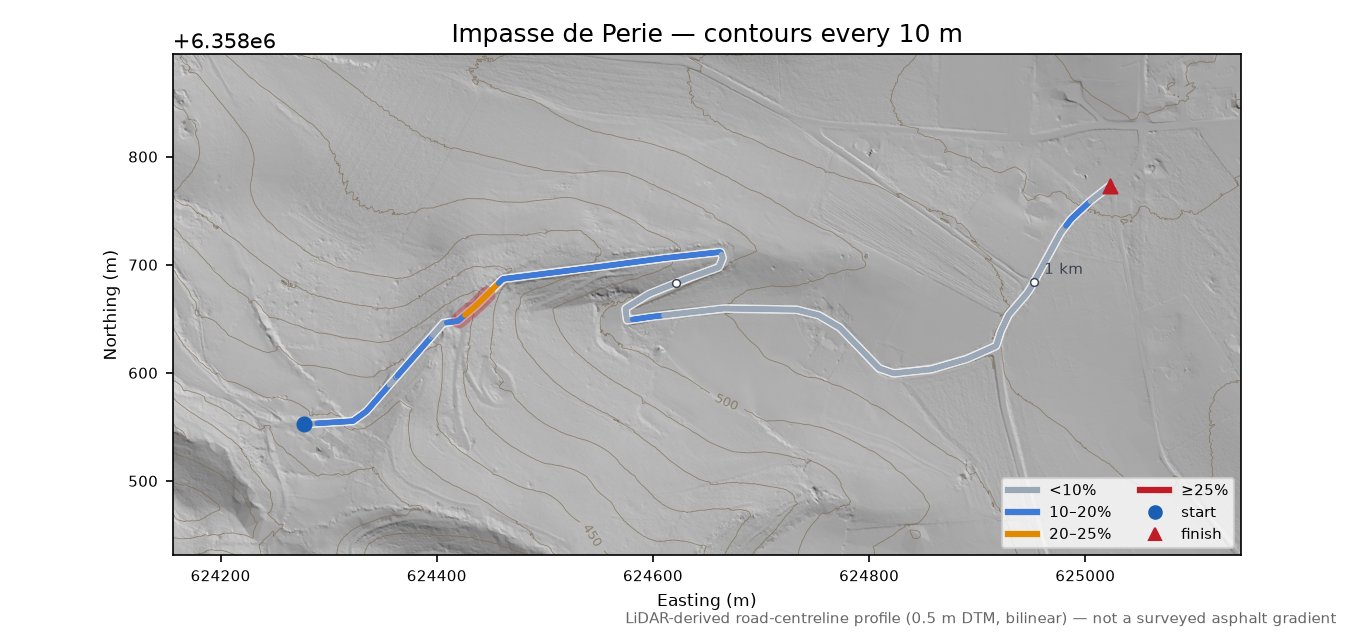 Impasse de Perie LiDAR hillshade map with contours