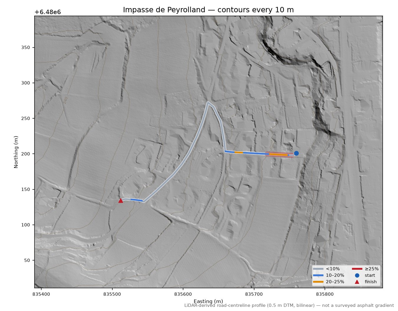 Impasse de Peyrolland LiDAR hillshade map with contours