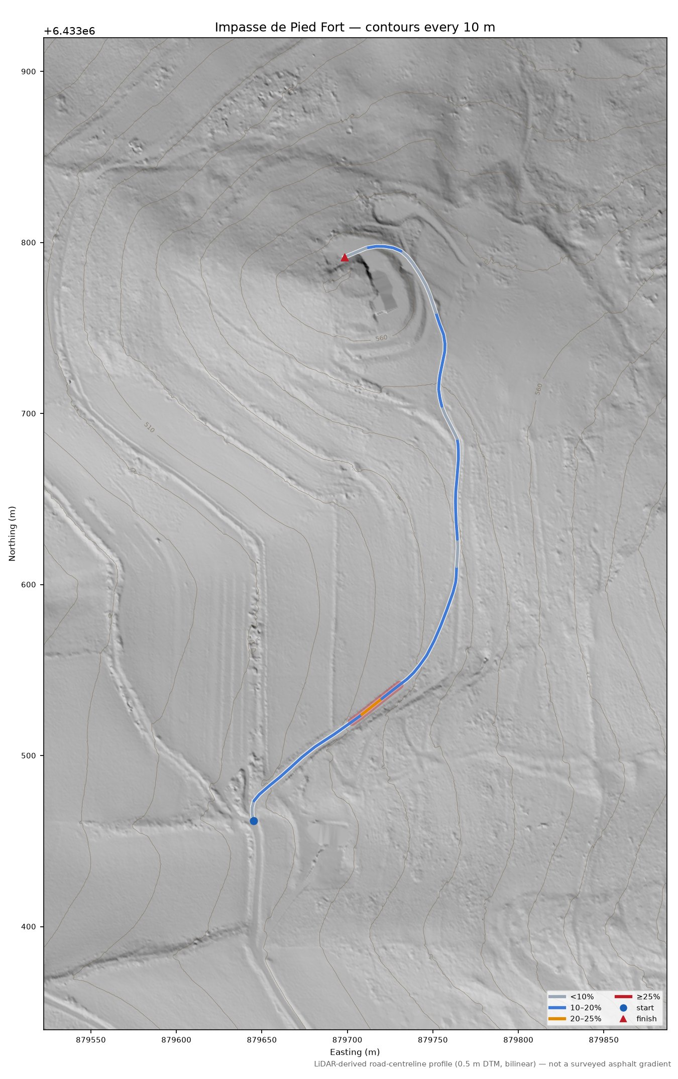 Impasse de Pied Fort LiDAR hillshade map with contours