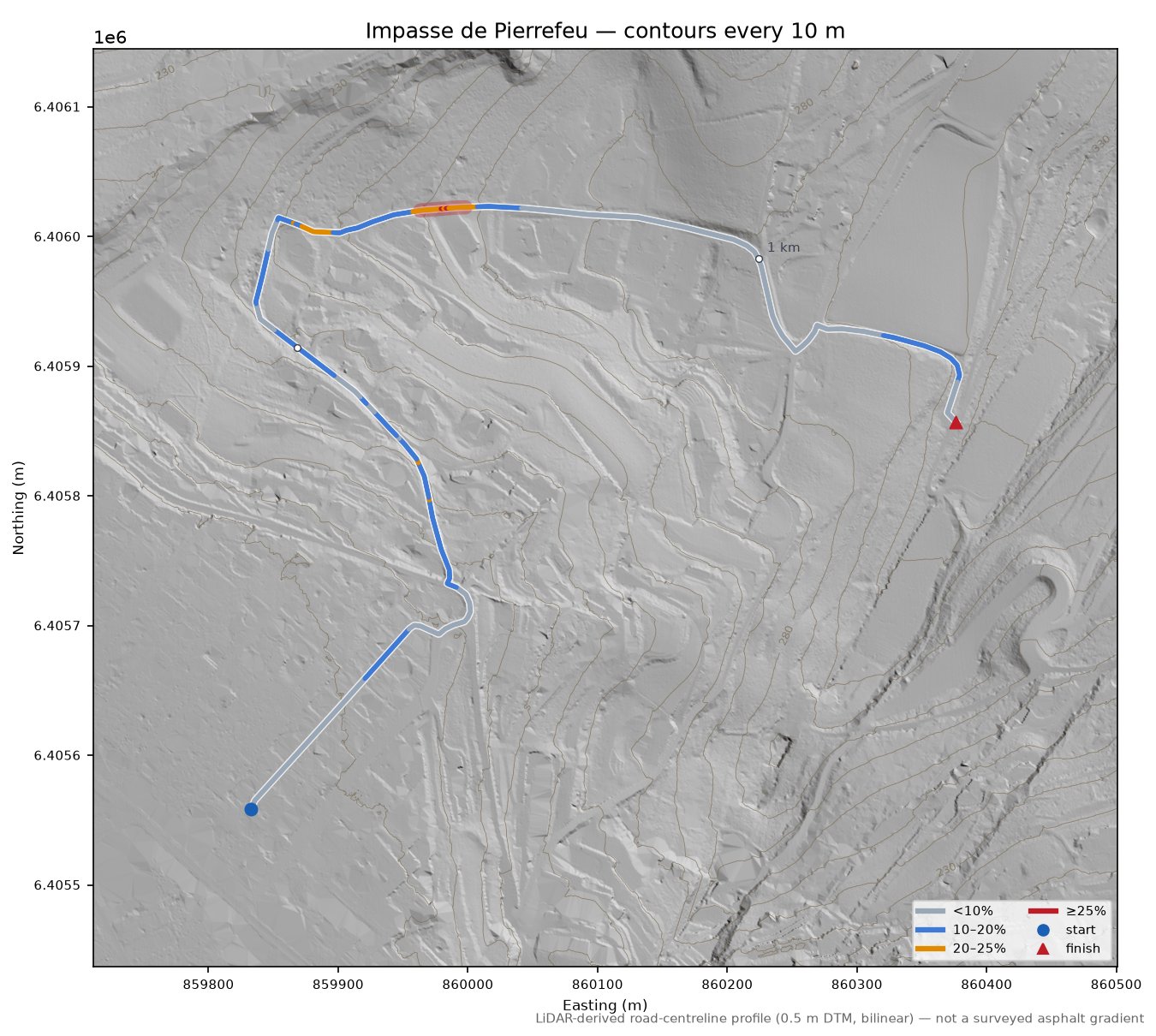 Impasse de Pierrefeu LiDAR hillshade map with contours