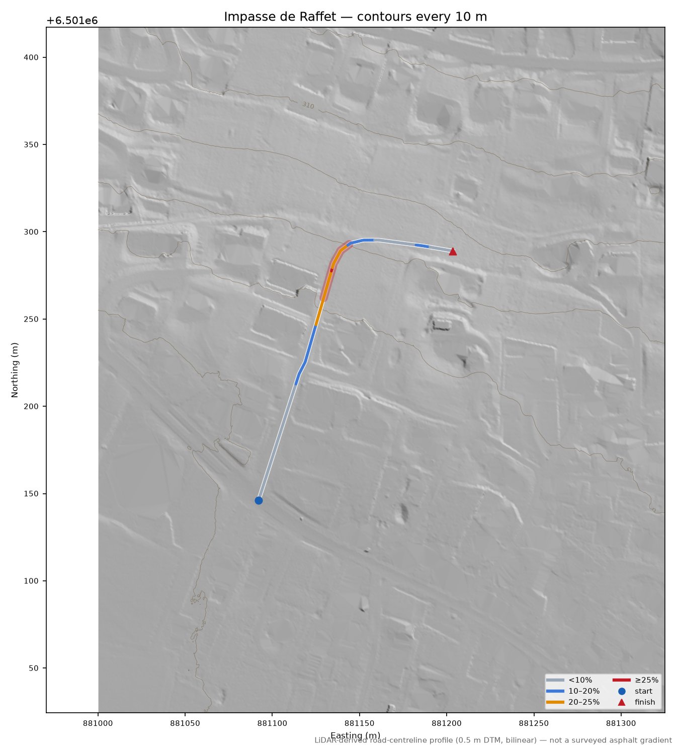 Impasse de Raffet LiDAR hillshade map with contours