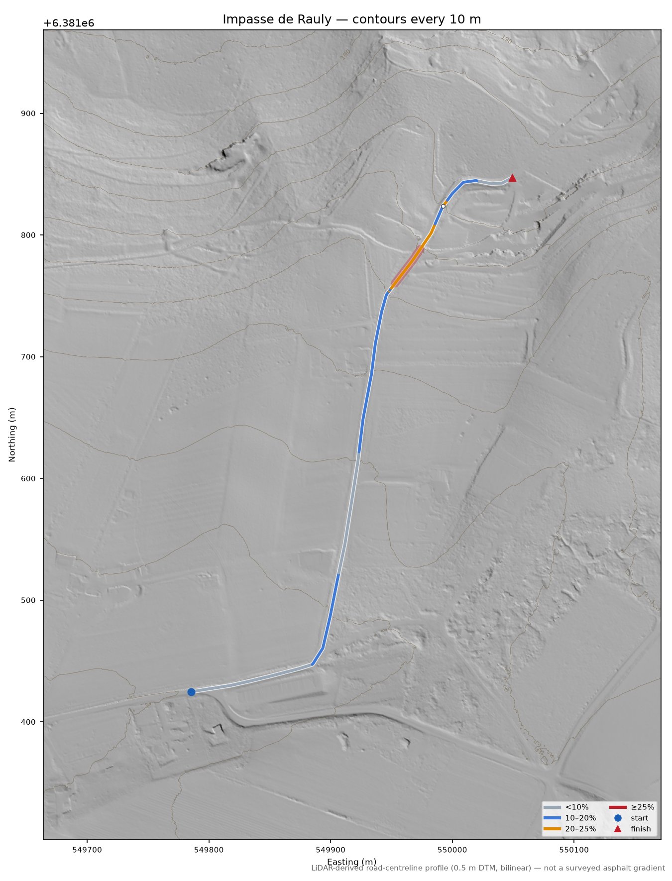 Impasse de Rauly LiDAR hillshade map with contours