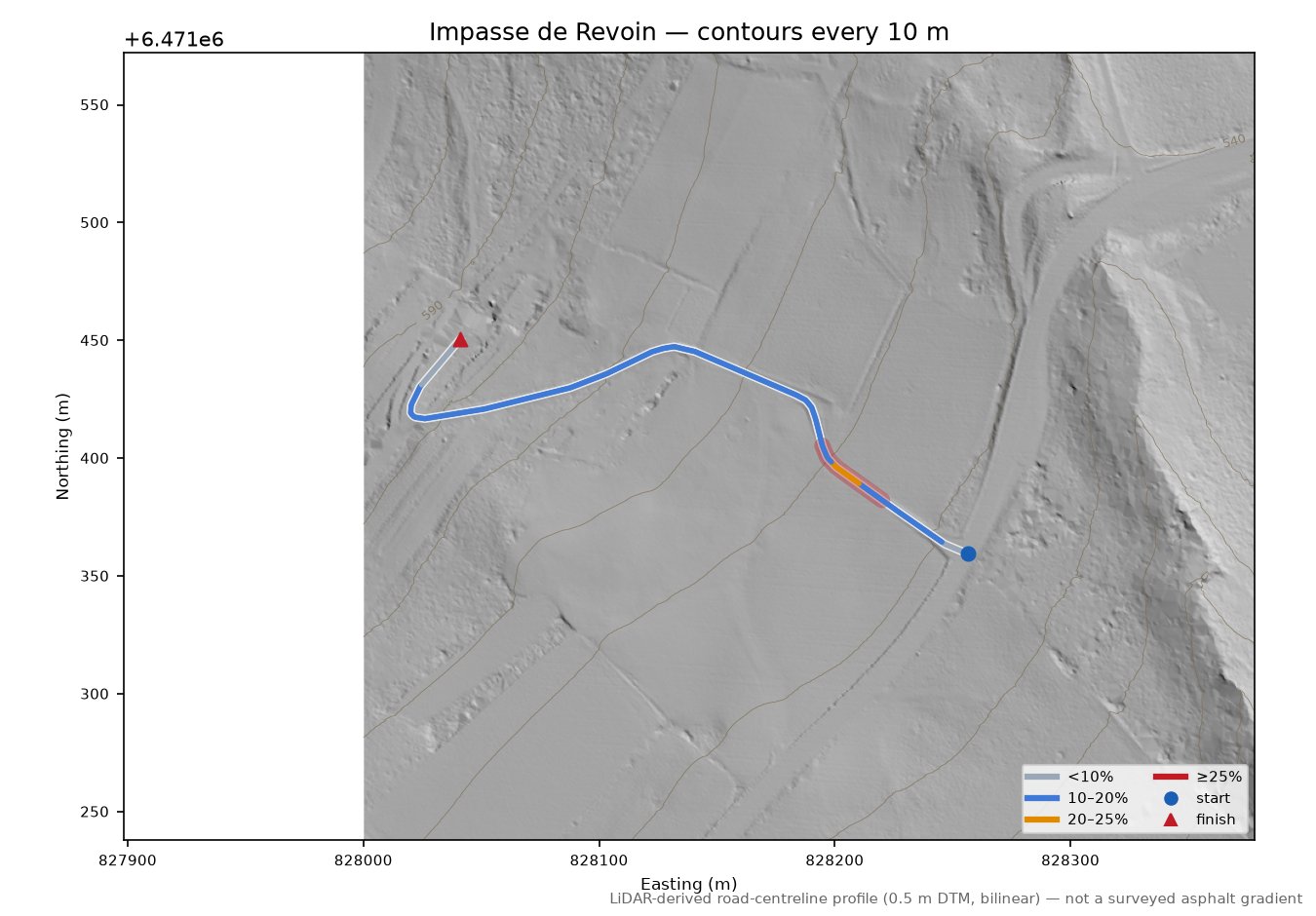 Impasse de Revoin LiDAR hillshade map with contours