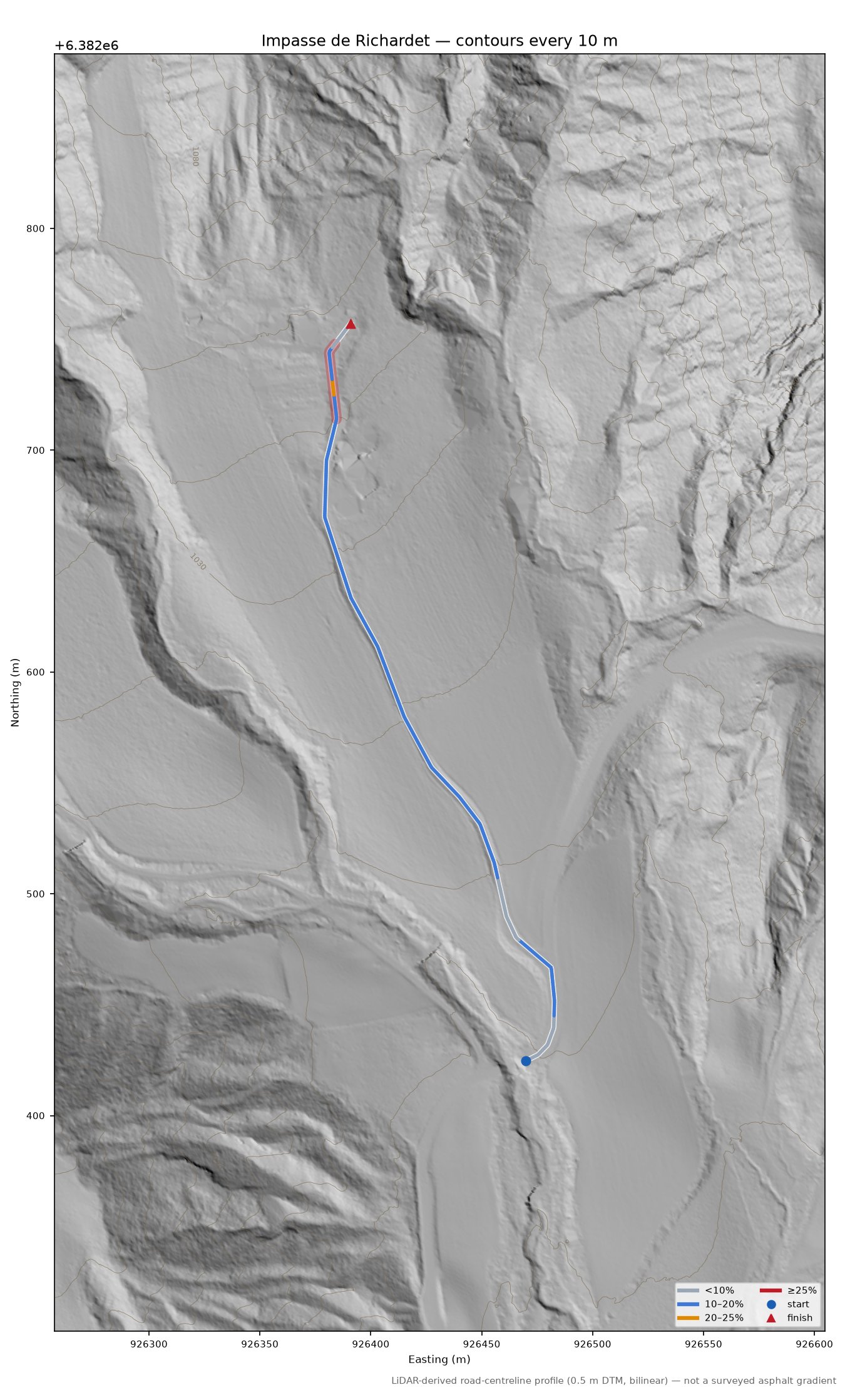 Impasse de Richardet LiDAR hillshade map with contours