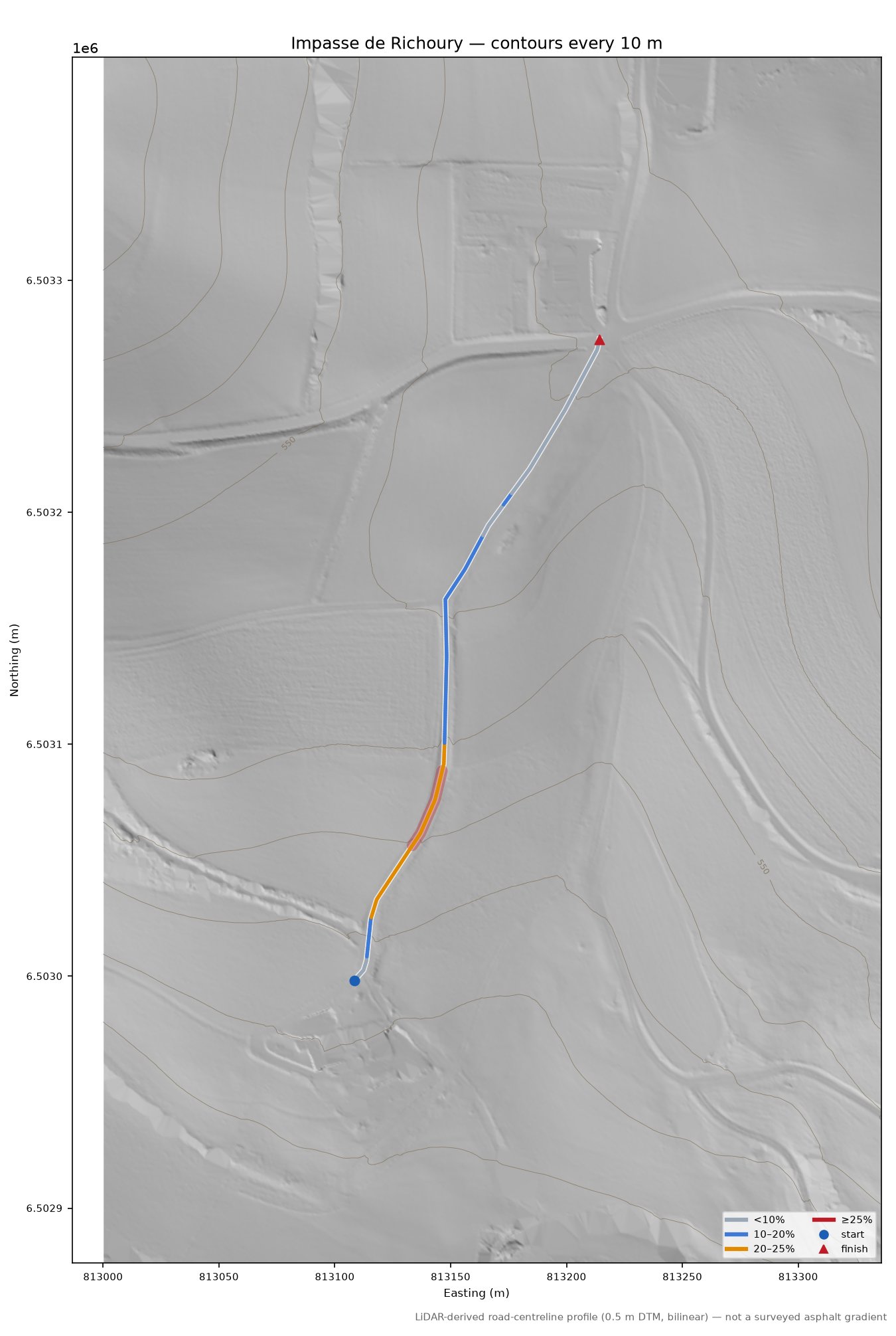 Impasse de Richoury LiDAR hillshade map with contours
