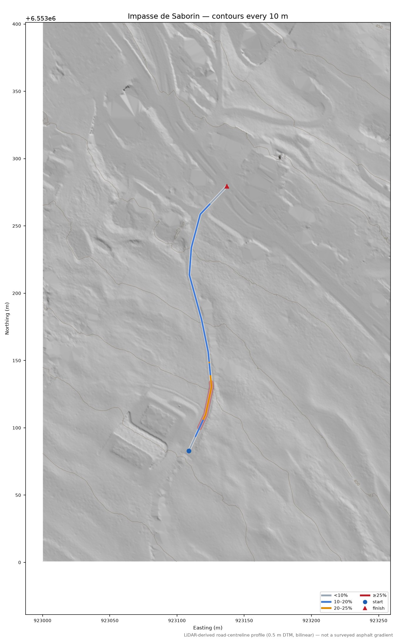 Impasse de Saborin LiDAR hillshade map with contours