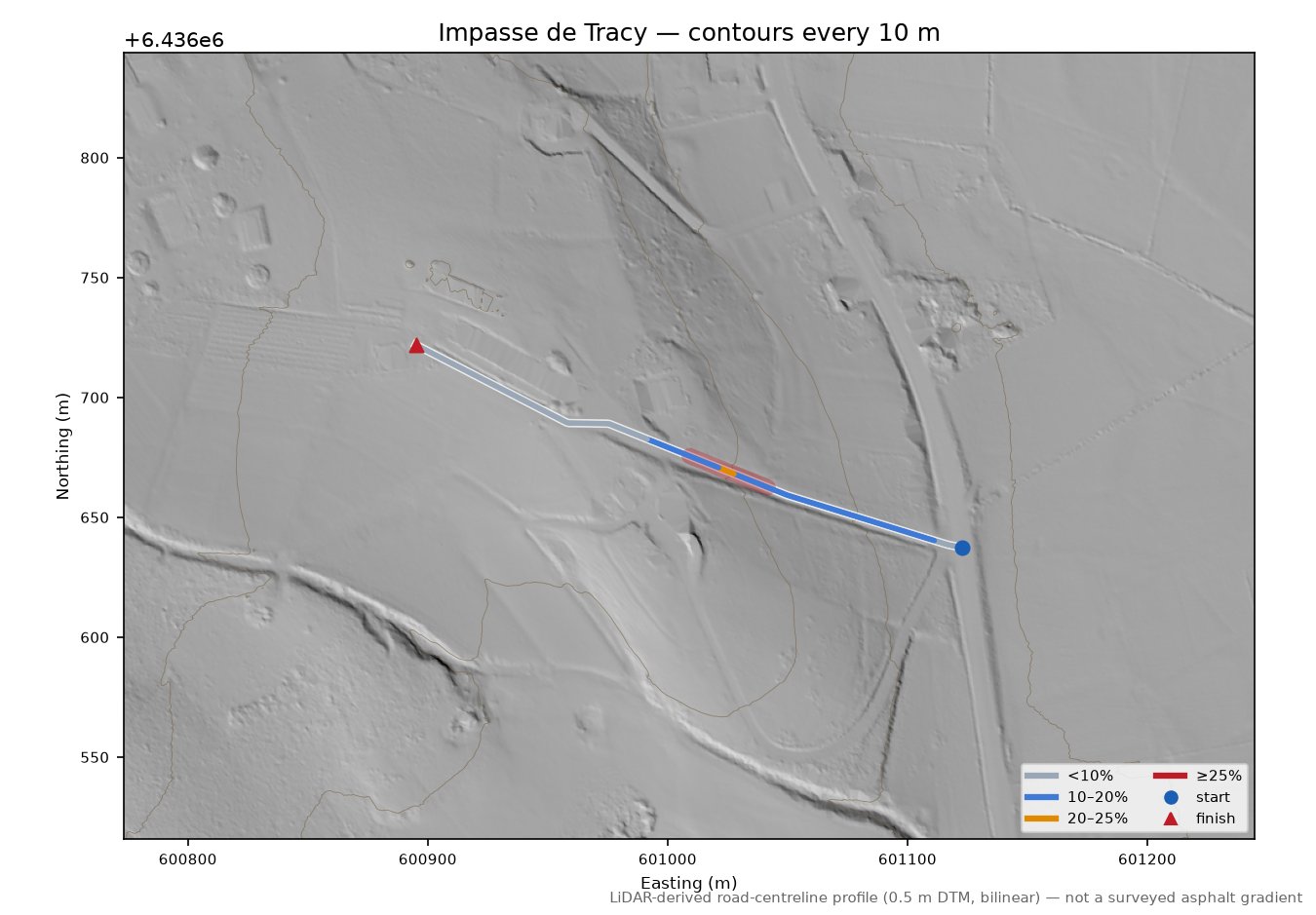 Impasse de Tracy LiDAR hillshade map with contours