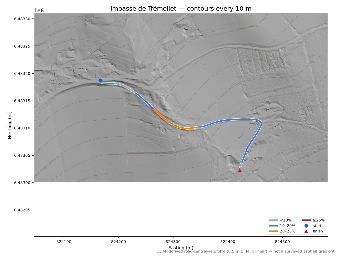 Impasse de Trémollet LiDAR hillshade map with contours