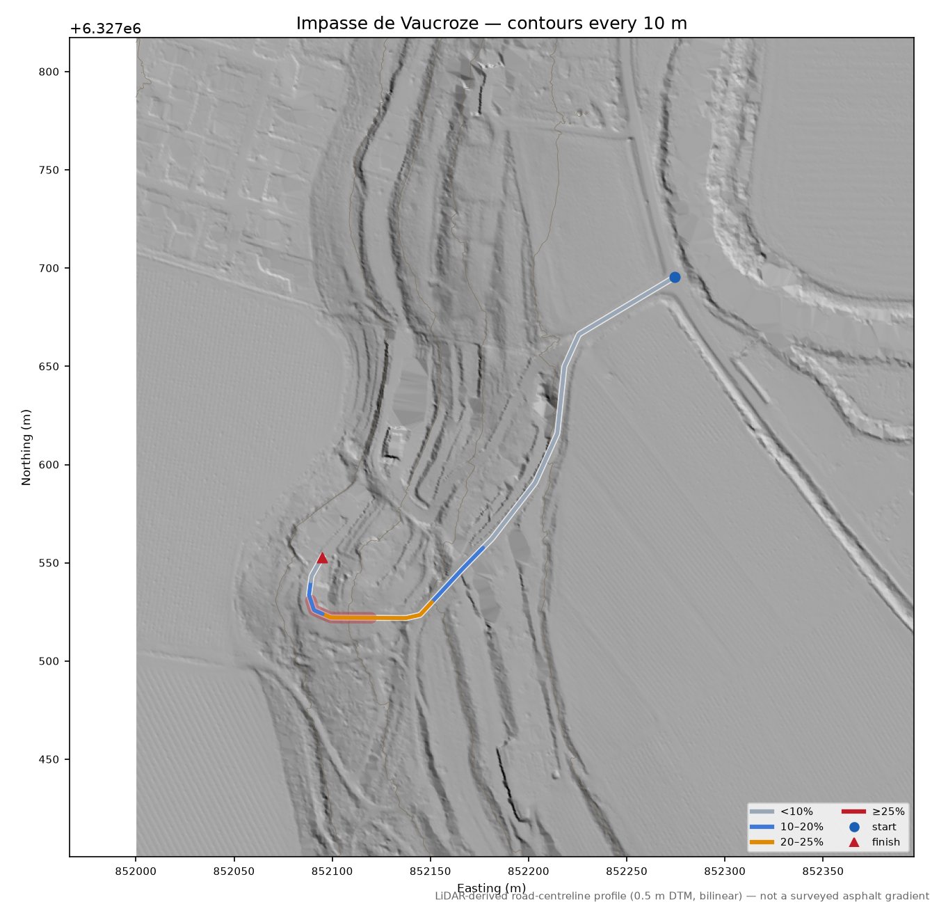Impasse de Vaucroze LiDAR hillshade map with contours
