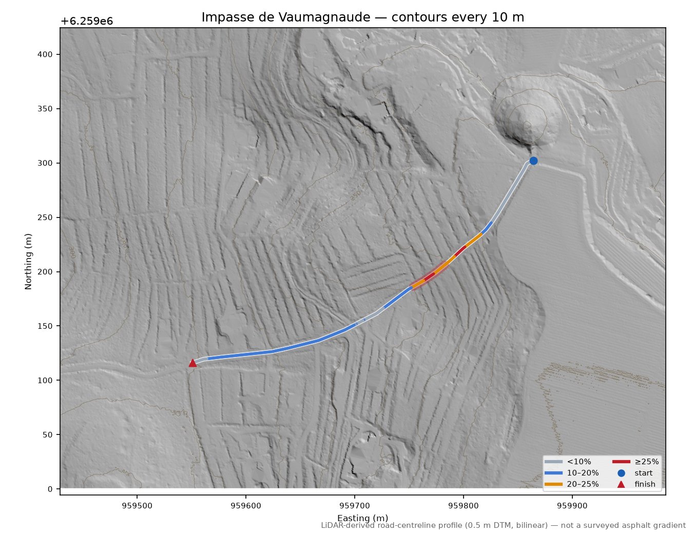 Impasse de Vaumagnaude LiDAR hillshade map with contours