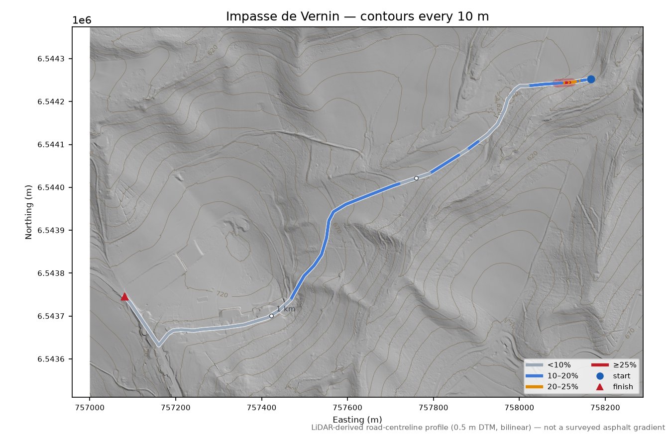 Impasse de Vernin LiDAR hillshade map with contours