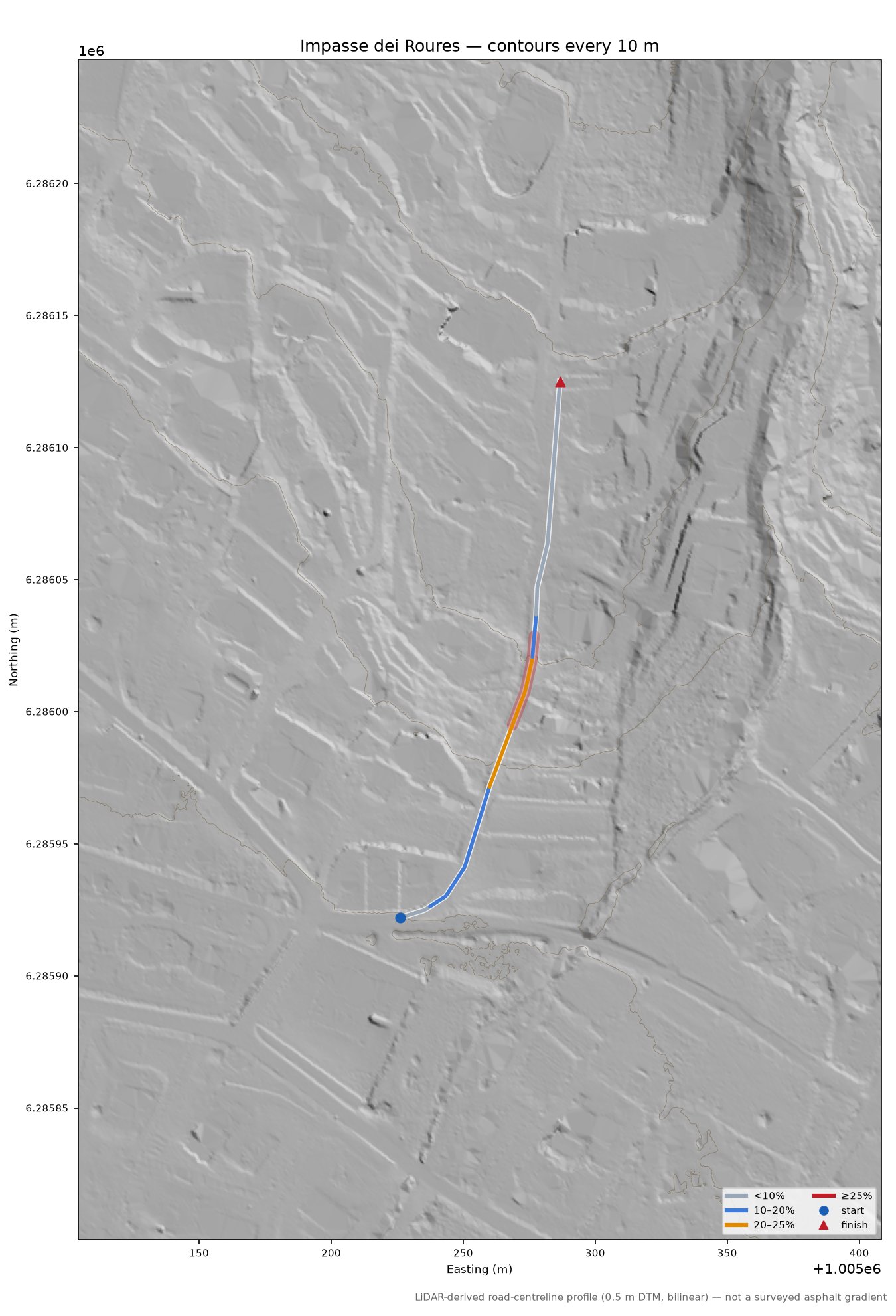 Impasse dei Roures LiDAR hillshade map with contours