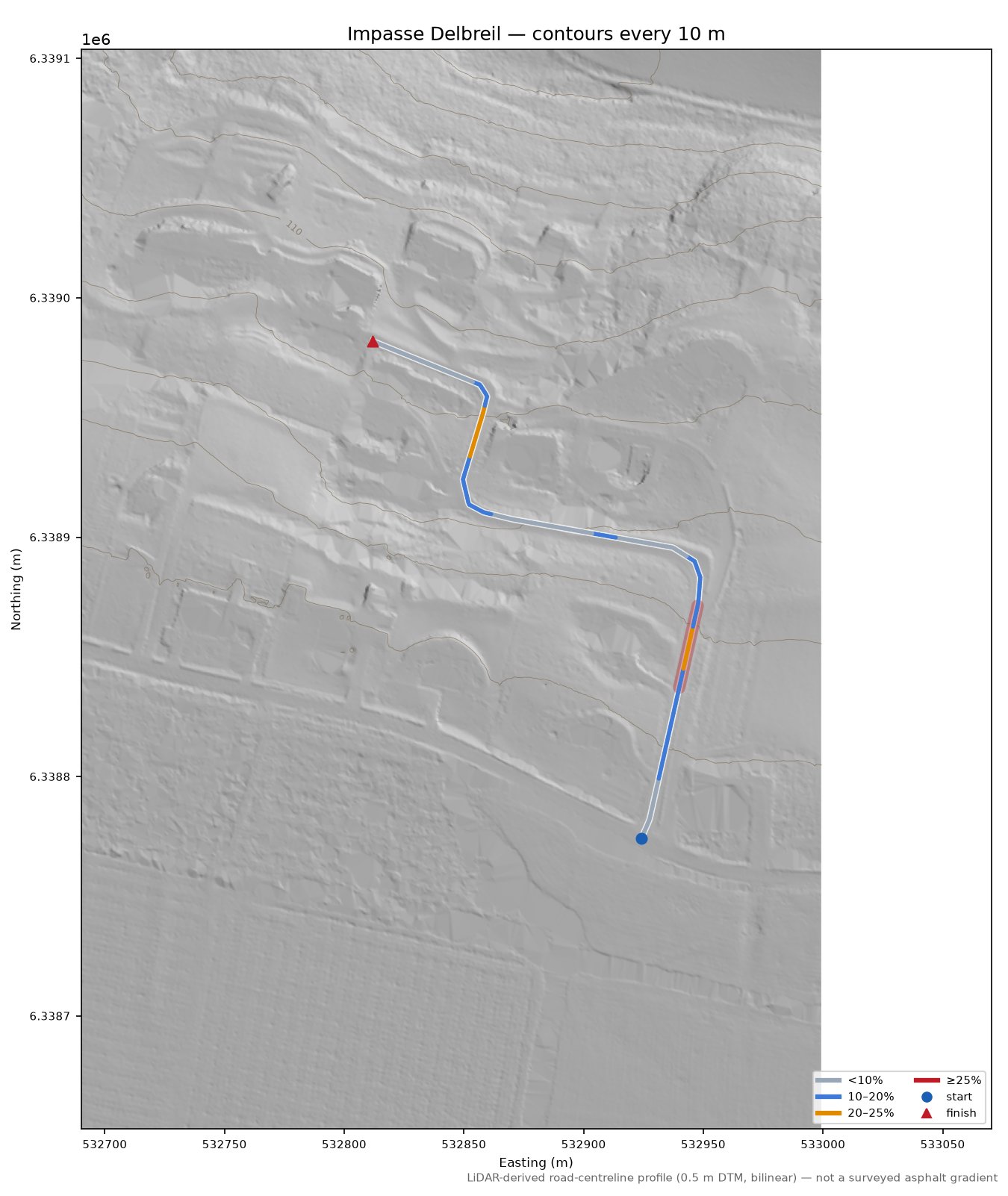 Impasse Delbreil LiDAR hillshade map with contours