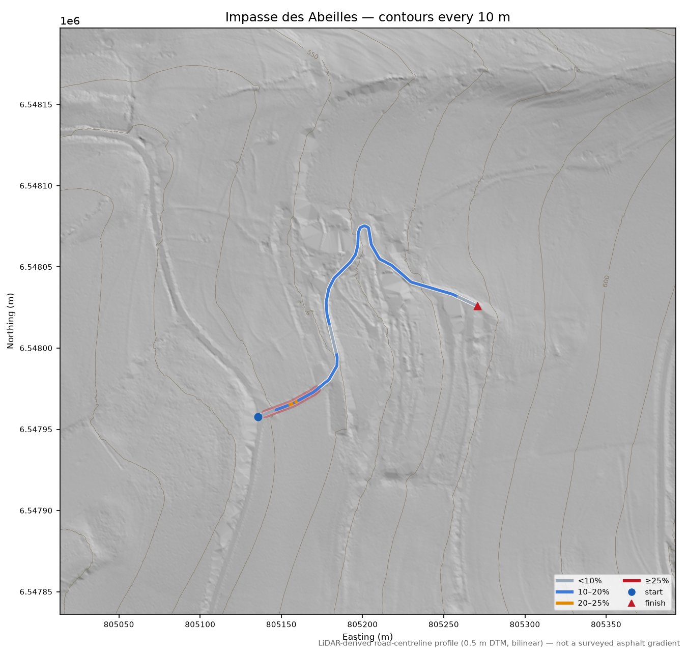 Impasse des Abeilles LiDAR hillshade map with contours