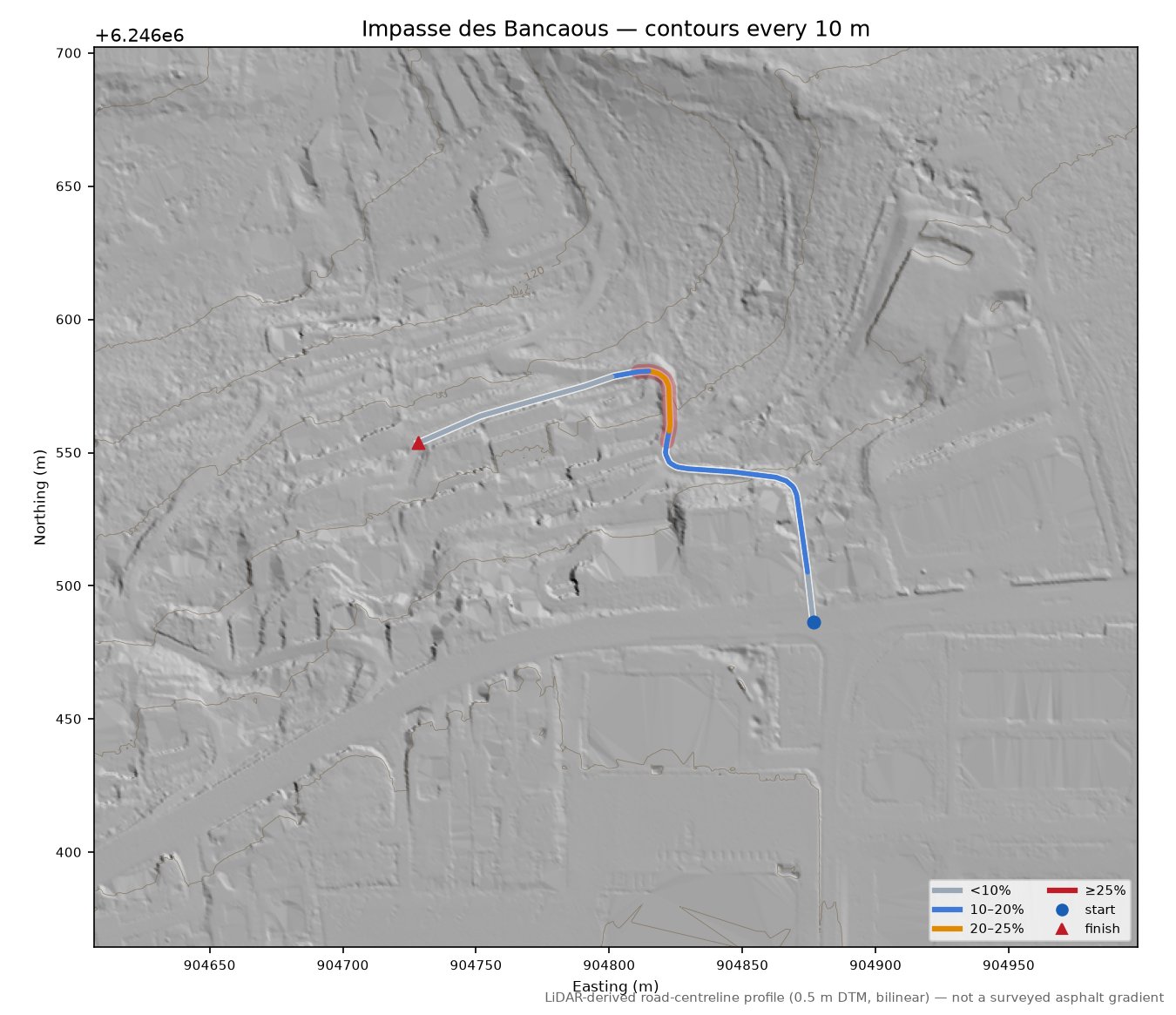 Impasse des Bancaous LiDAR hillshade map with contours