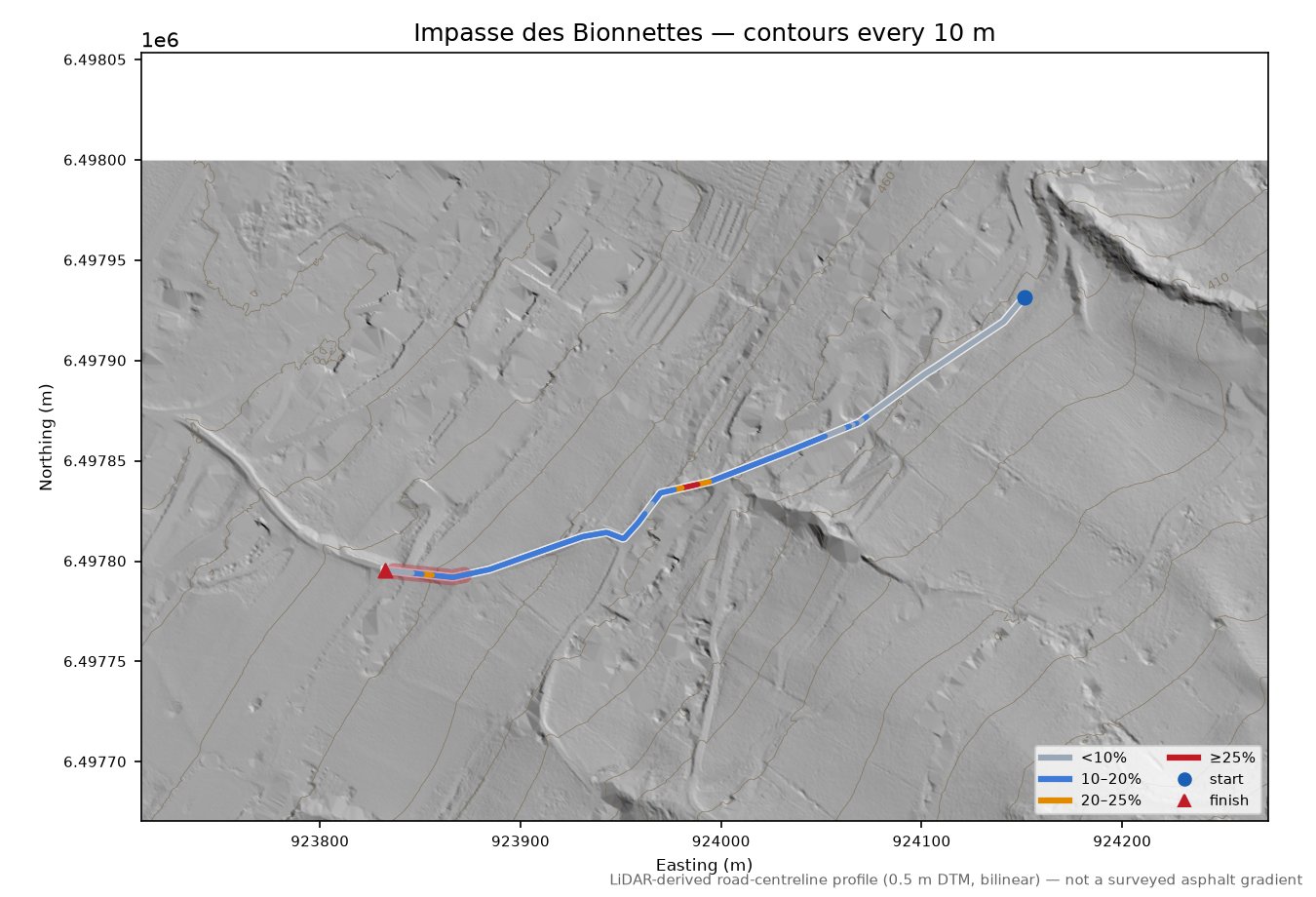 Impasse des Bionnettes LiDAR hillshade map with contours