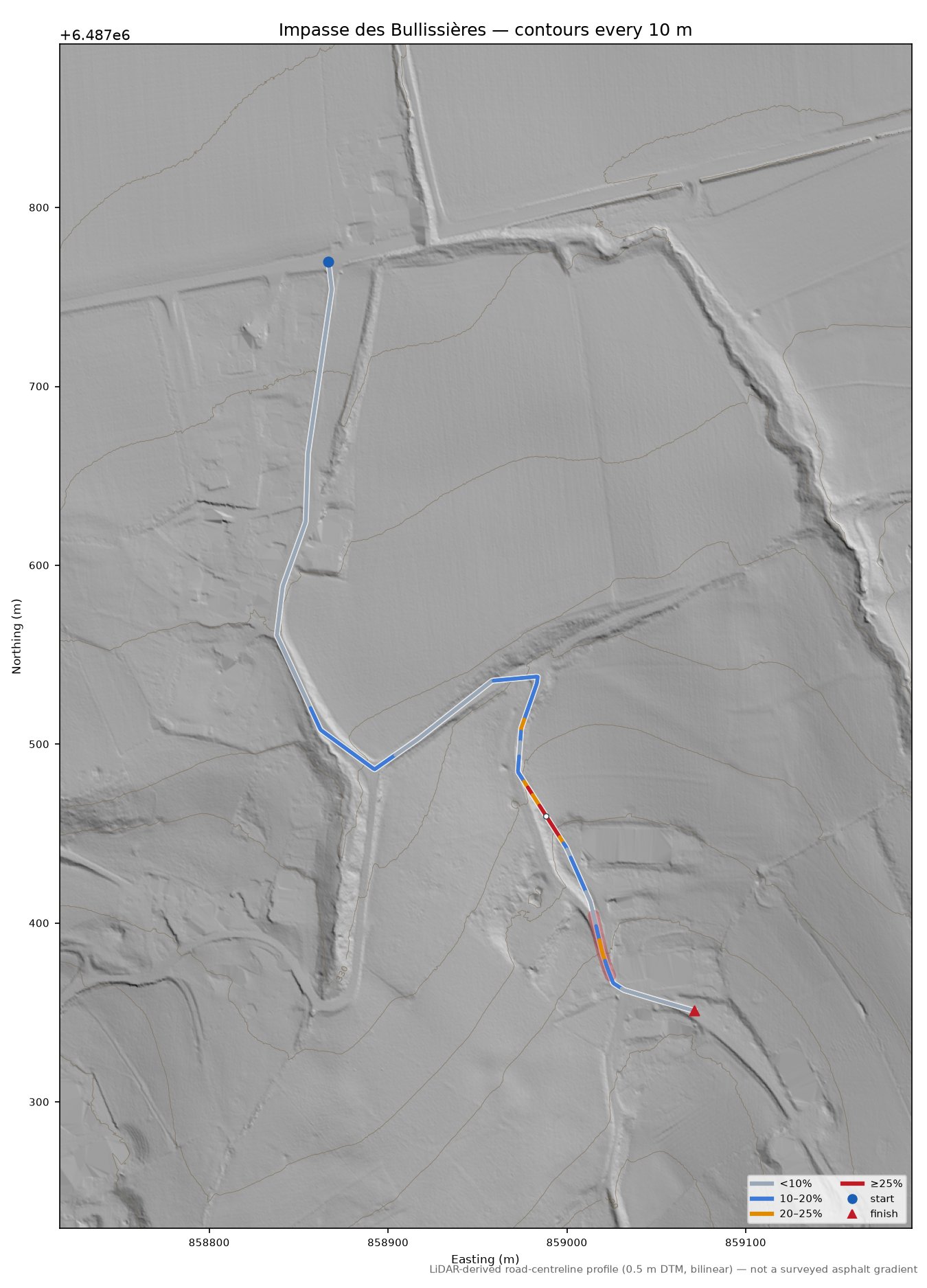 Impasse des Bullissières LiDAR hillshade map with contours