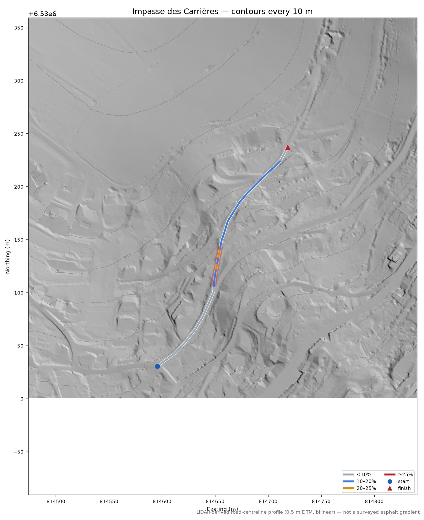 Impasse des Carrières LiDAR hillshade map with contours