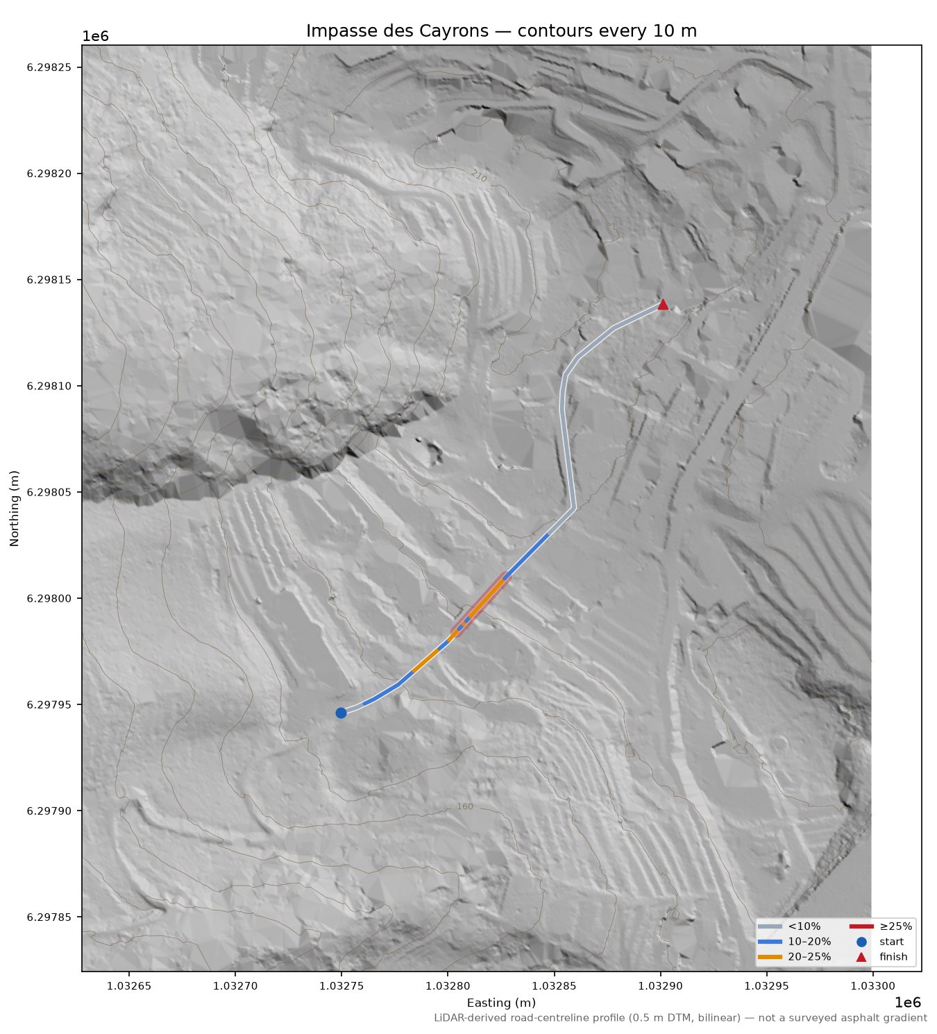 Impasse des Cayrons LiDAR hillshade map with contours