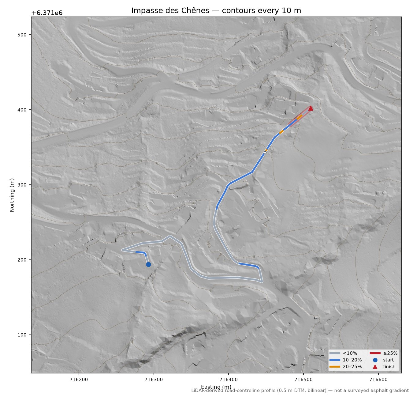 Impasse des Chênes LiDAR hillshade map with contours