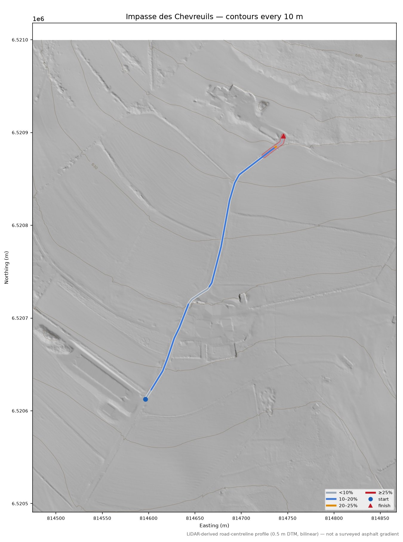 Impasse des Chevreuils LiDAR hillshade map with contours