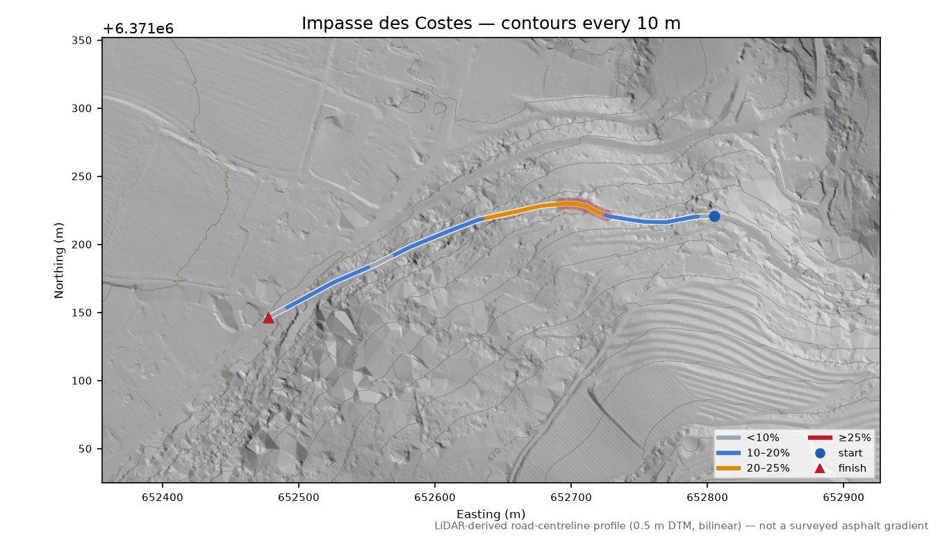 Impasse des Costes LiDAR hillshade map with contours