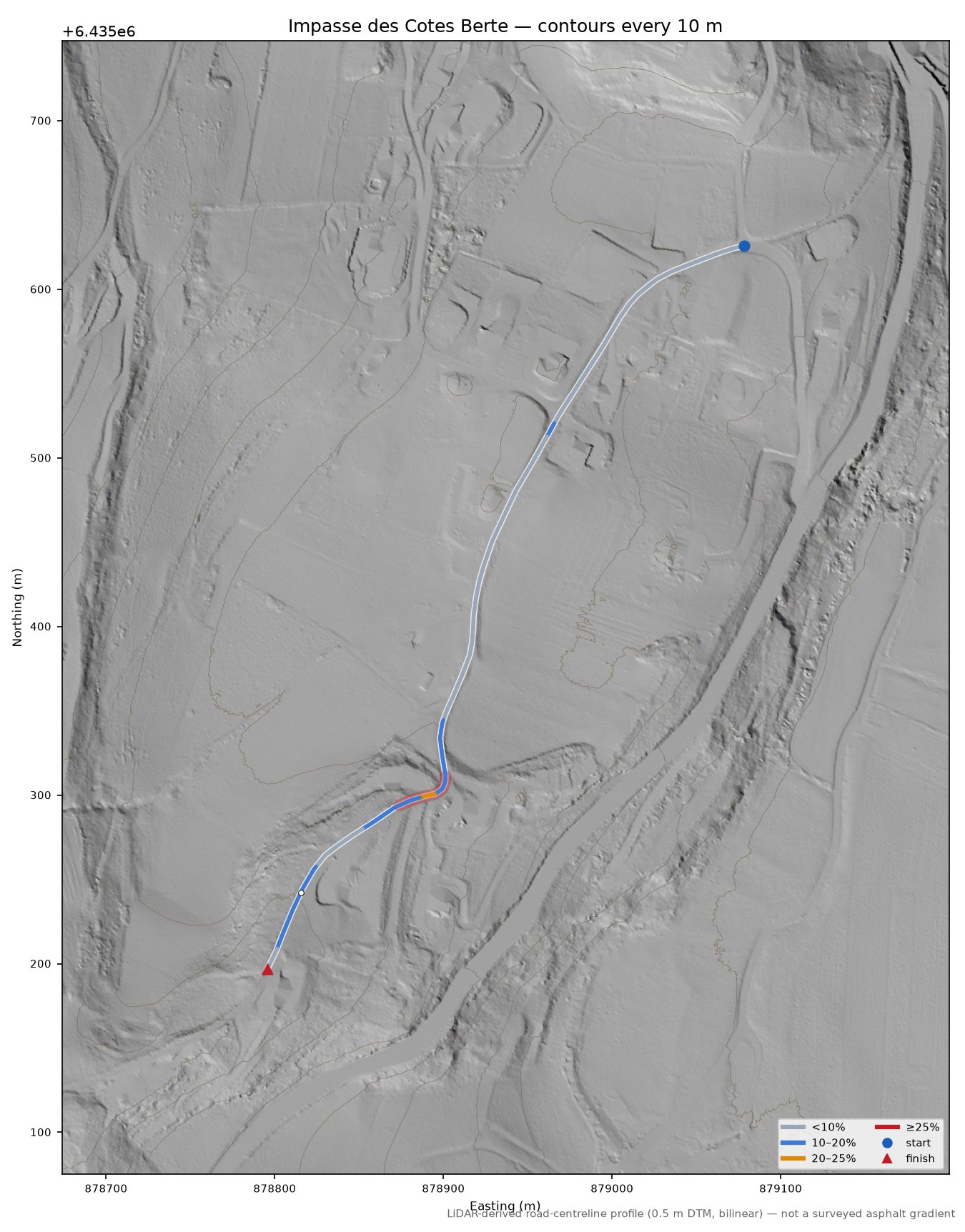 Impasse des Cotes Berte LiDAR hillshade map with contours