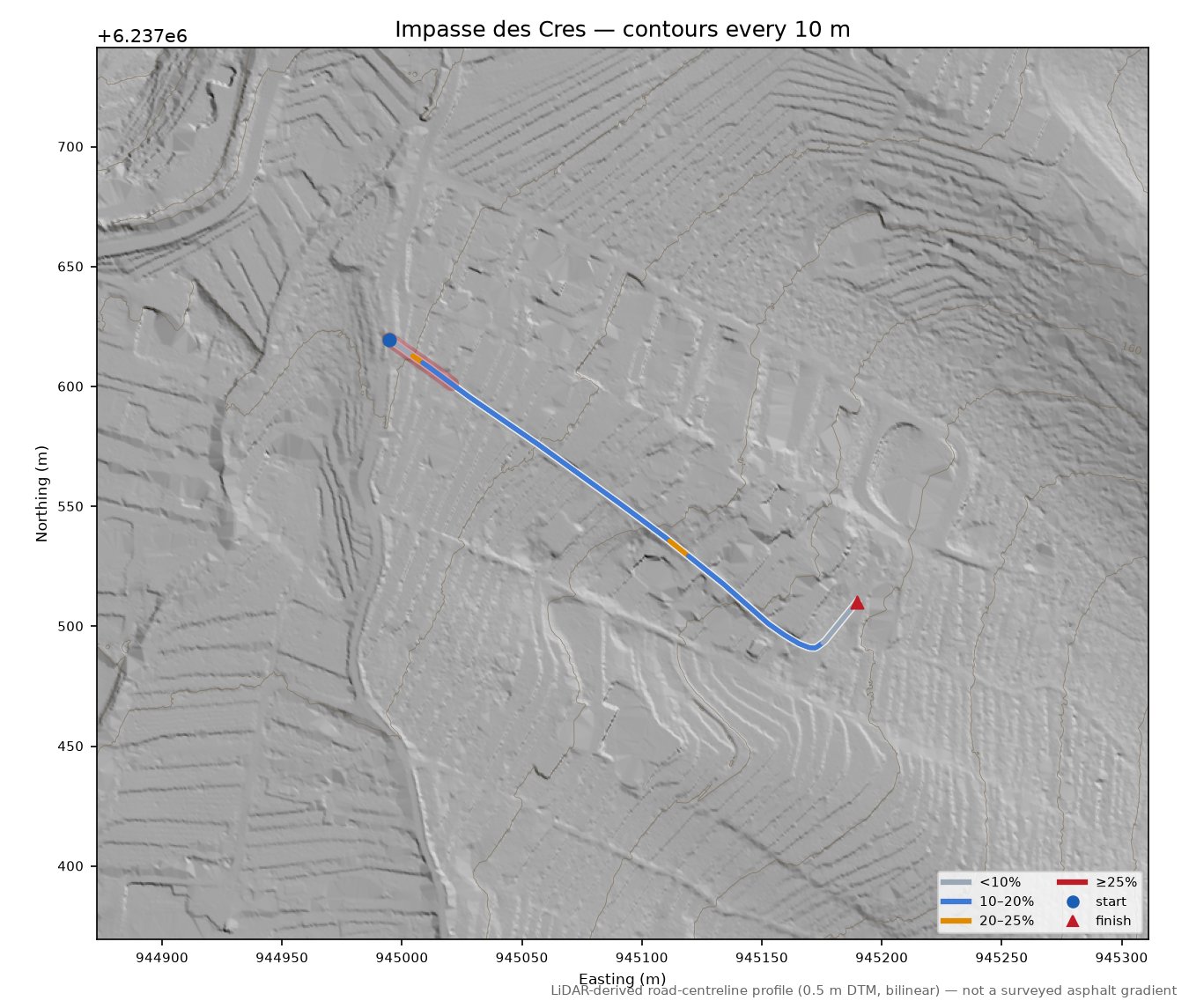 Impasse des Cres LiDAR hillshade map with contours