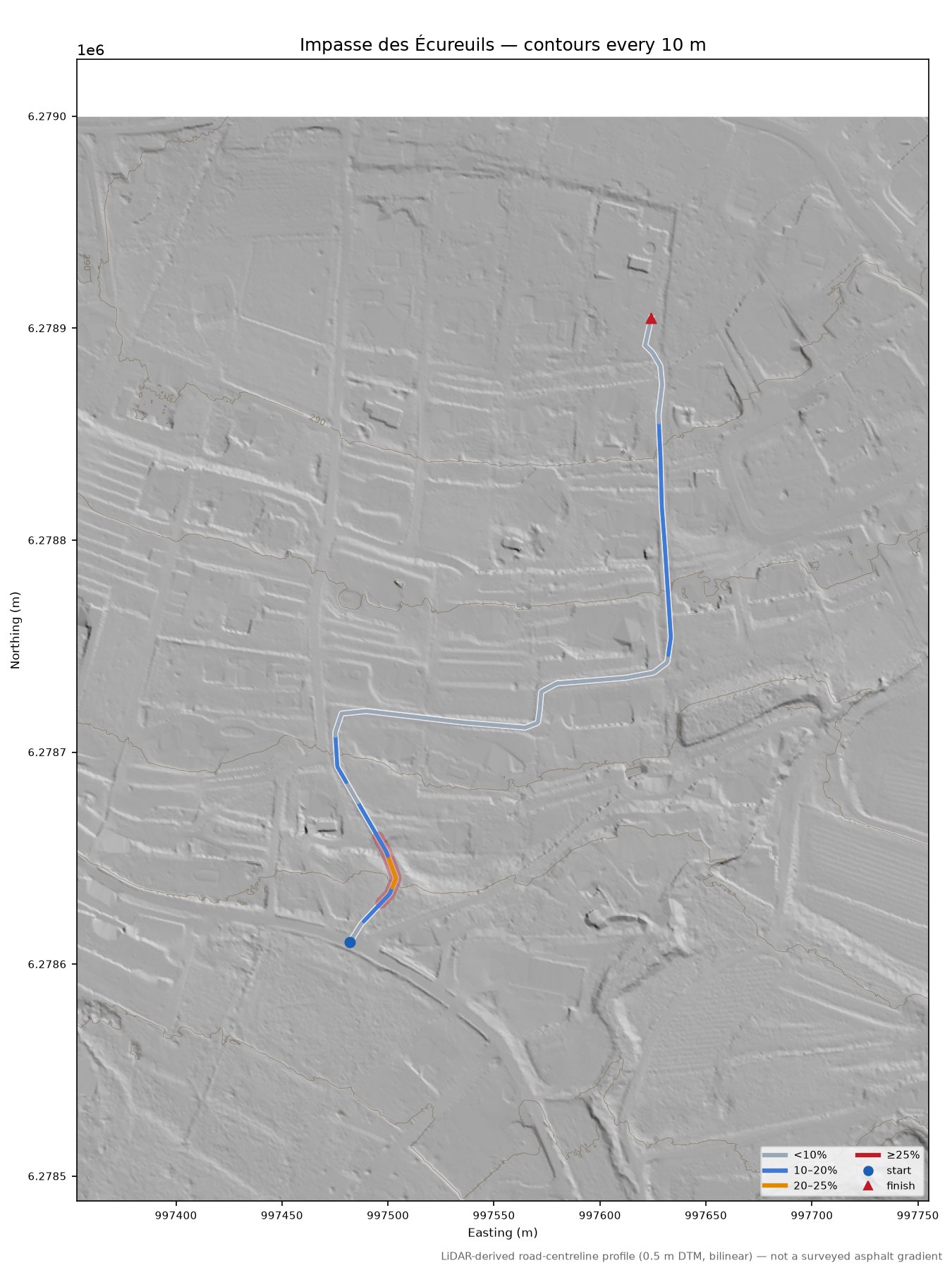 Impasse des Écureuils LiDAR hillshade map with contours