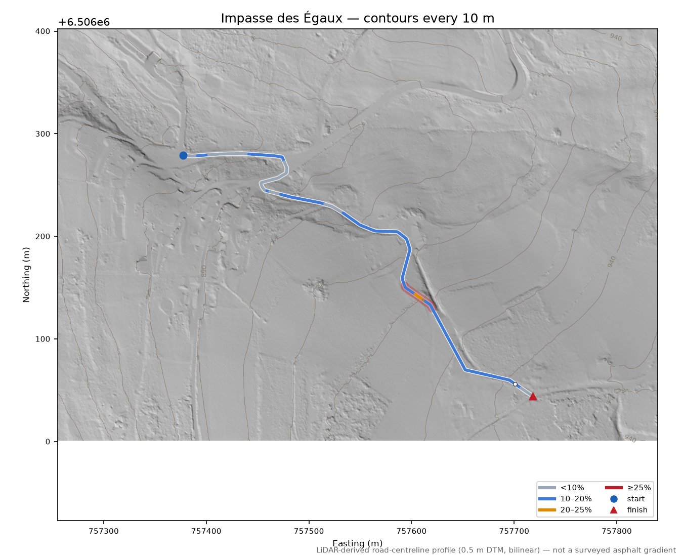 Impasse des Égaux LiDAR hillshade map with contours