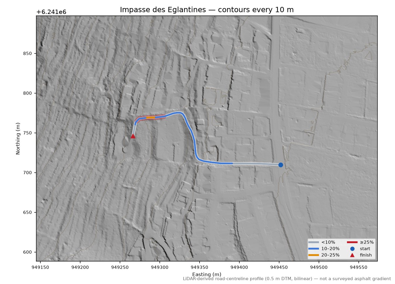 Impasse des Eglantines LiDAR hillshade map with contours