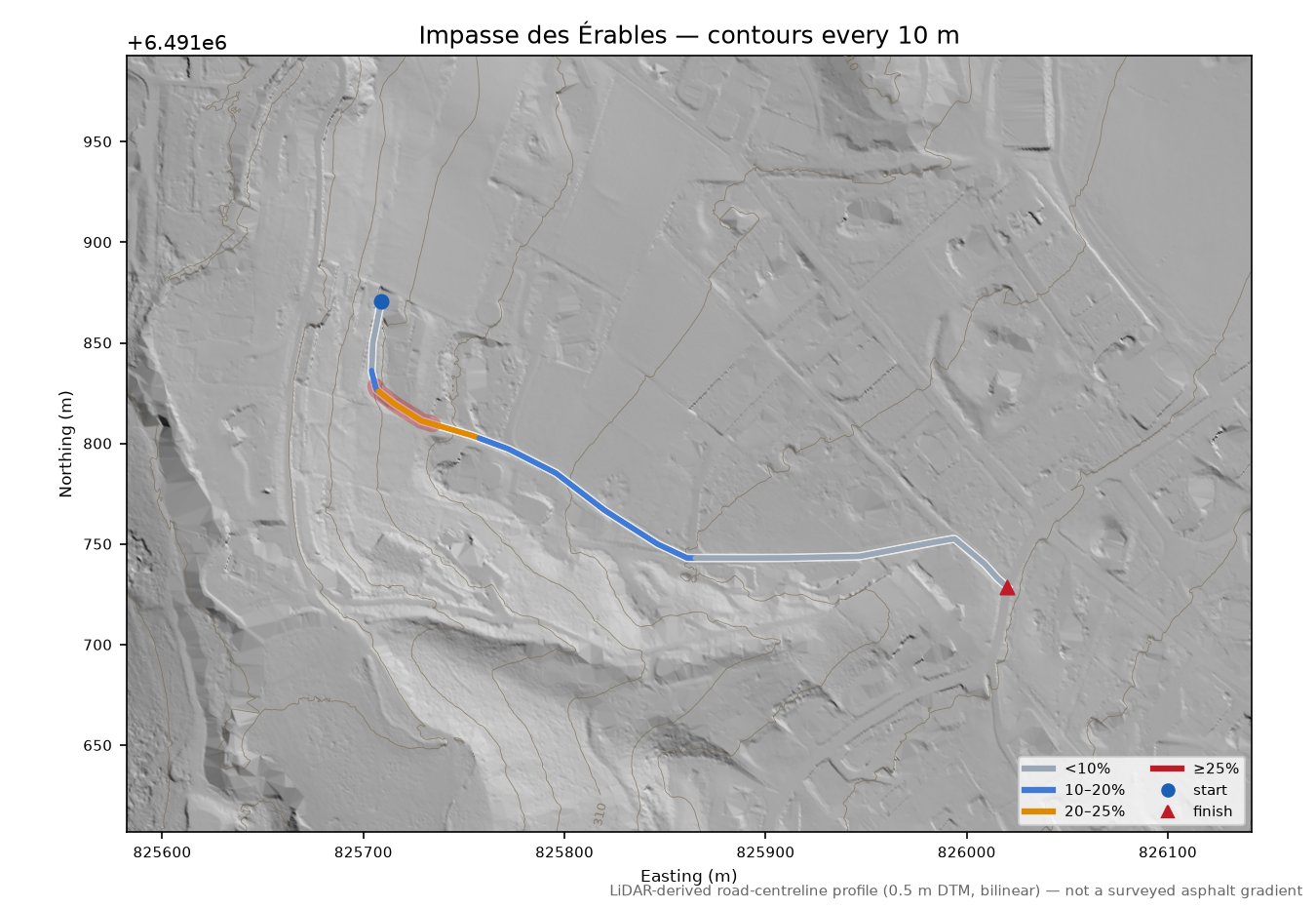Impasse des Érables LiDAR hillshade map with contours