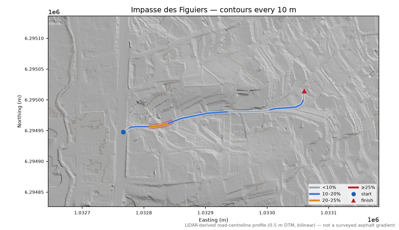 Impasse des Figuiers LiDAR hillshade map with contours