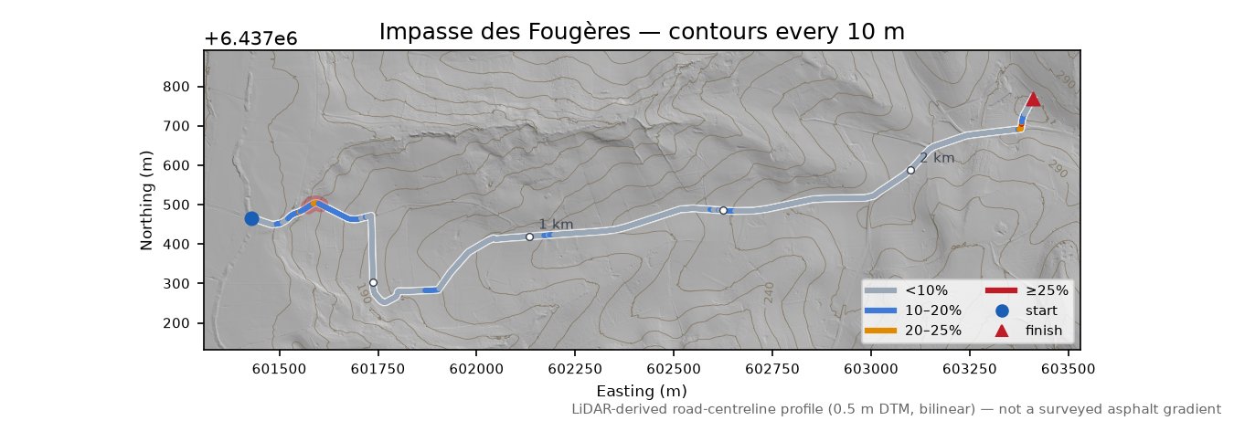 Impasse des Fougères LiDAR hillshade map with contours
