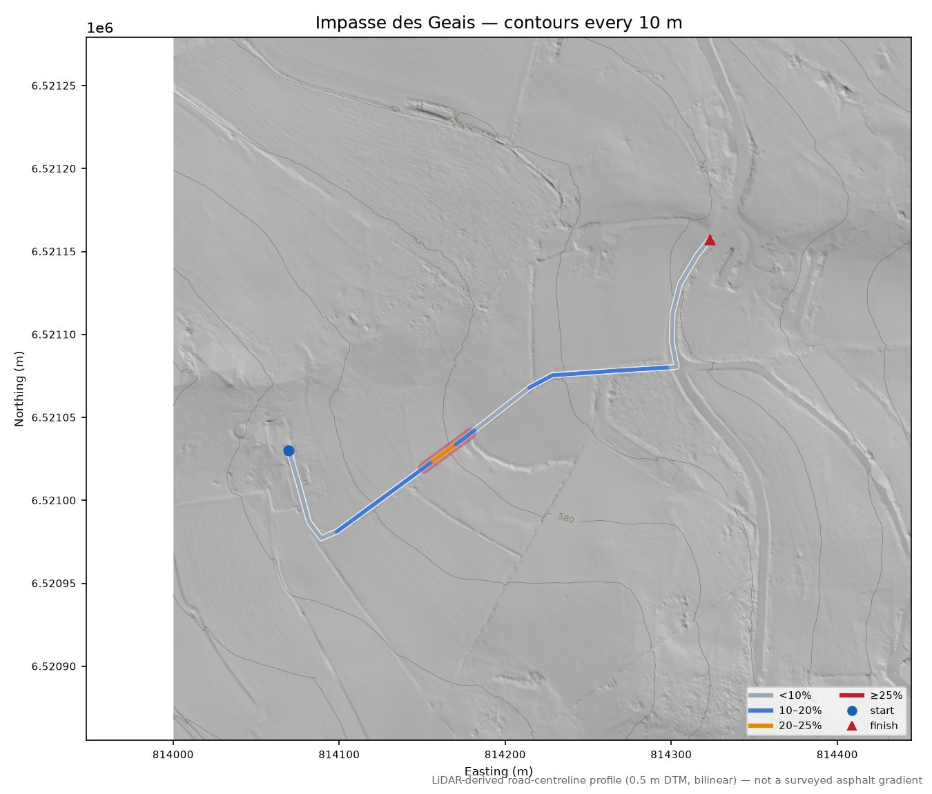 Impasse des Geais LiDAR hillshade map with contours