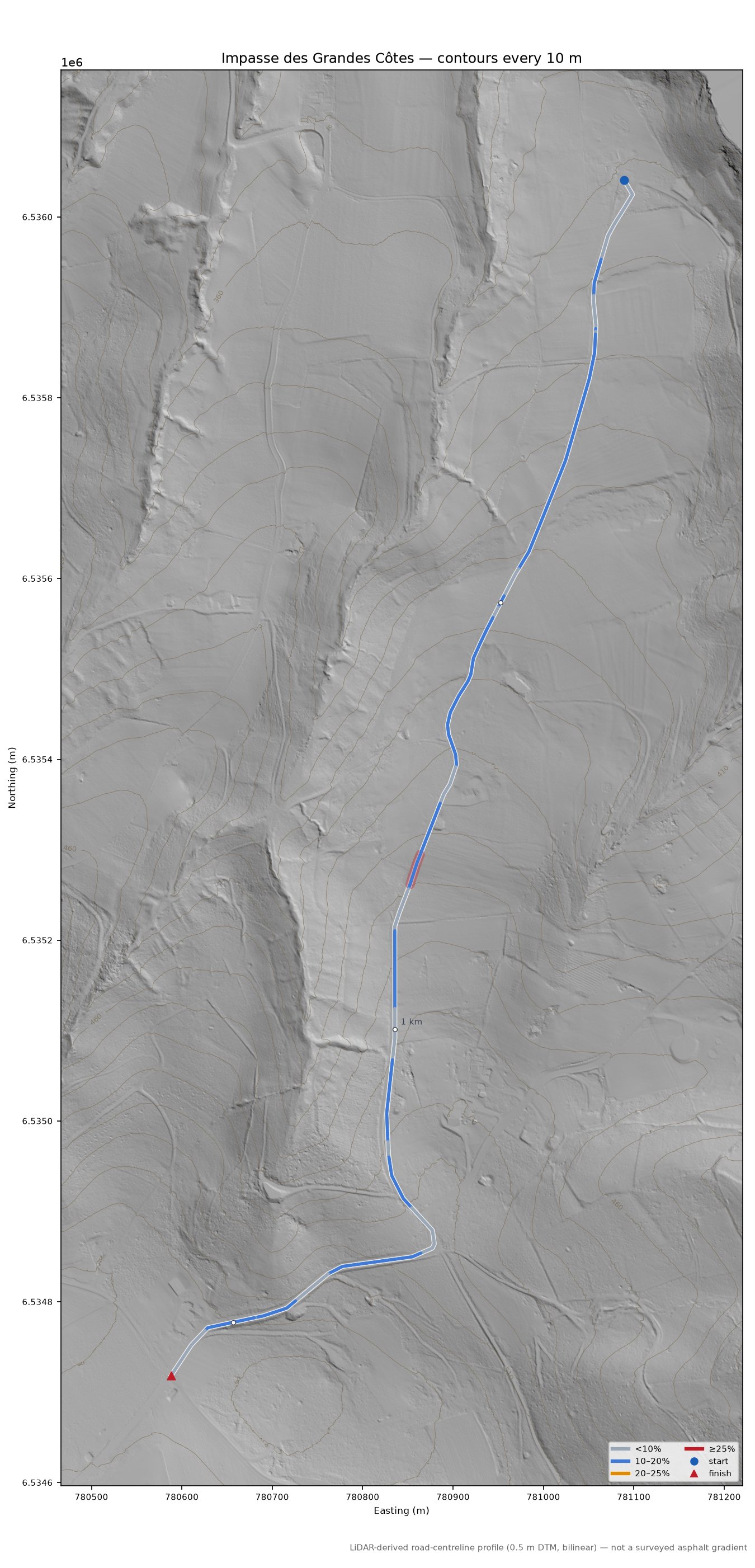 Impasse des Grandes Côtes LiDAR hillshade map with contours