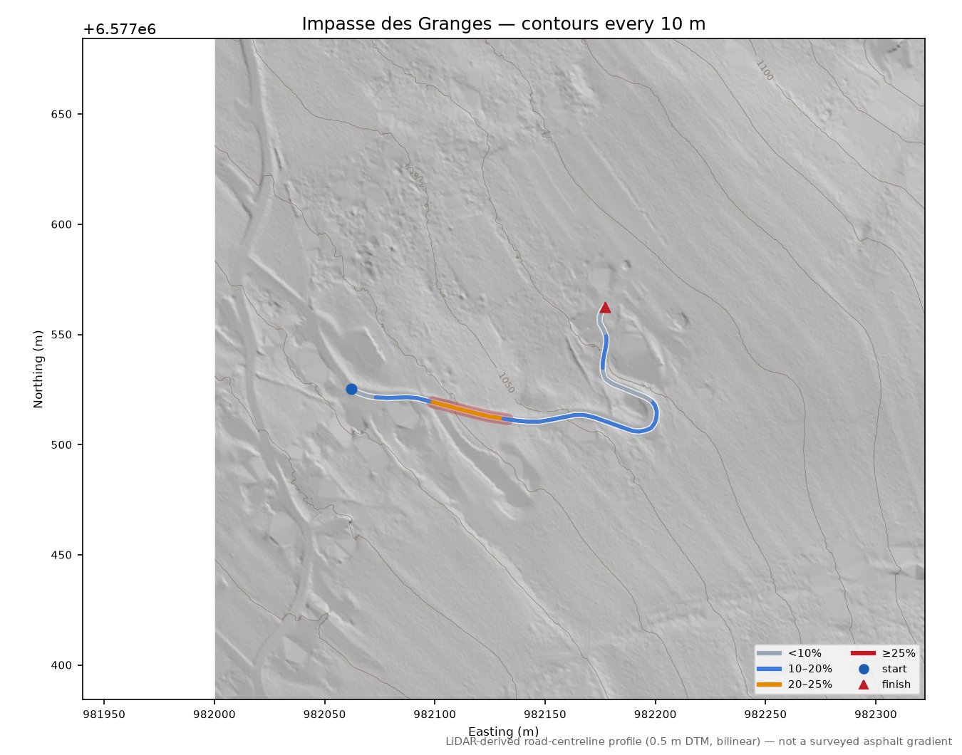 Impasse des Granges LiDAR hillshade map with contours