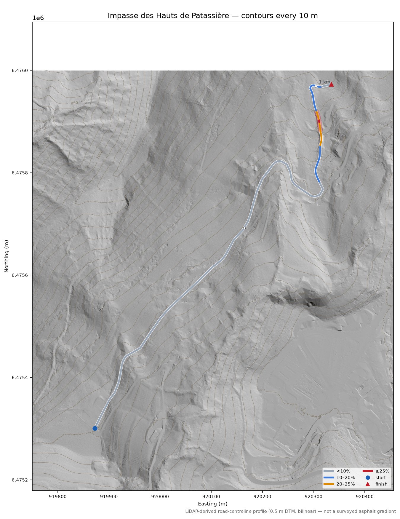 Impasse des Hauts de Patassière LiDAR hillshade map with contours