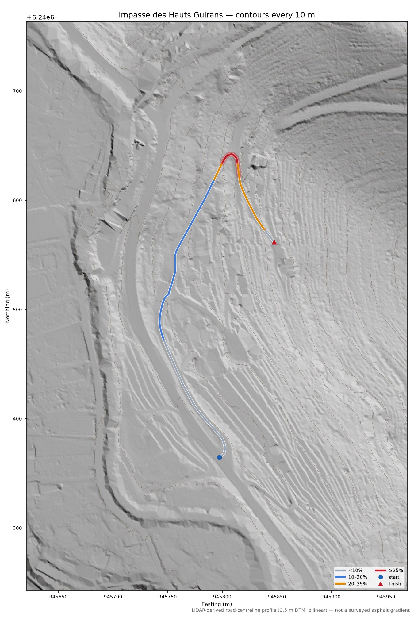 Impasse des Hauts Guirans LiDAR hillshade map with contours