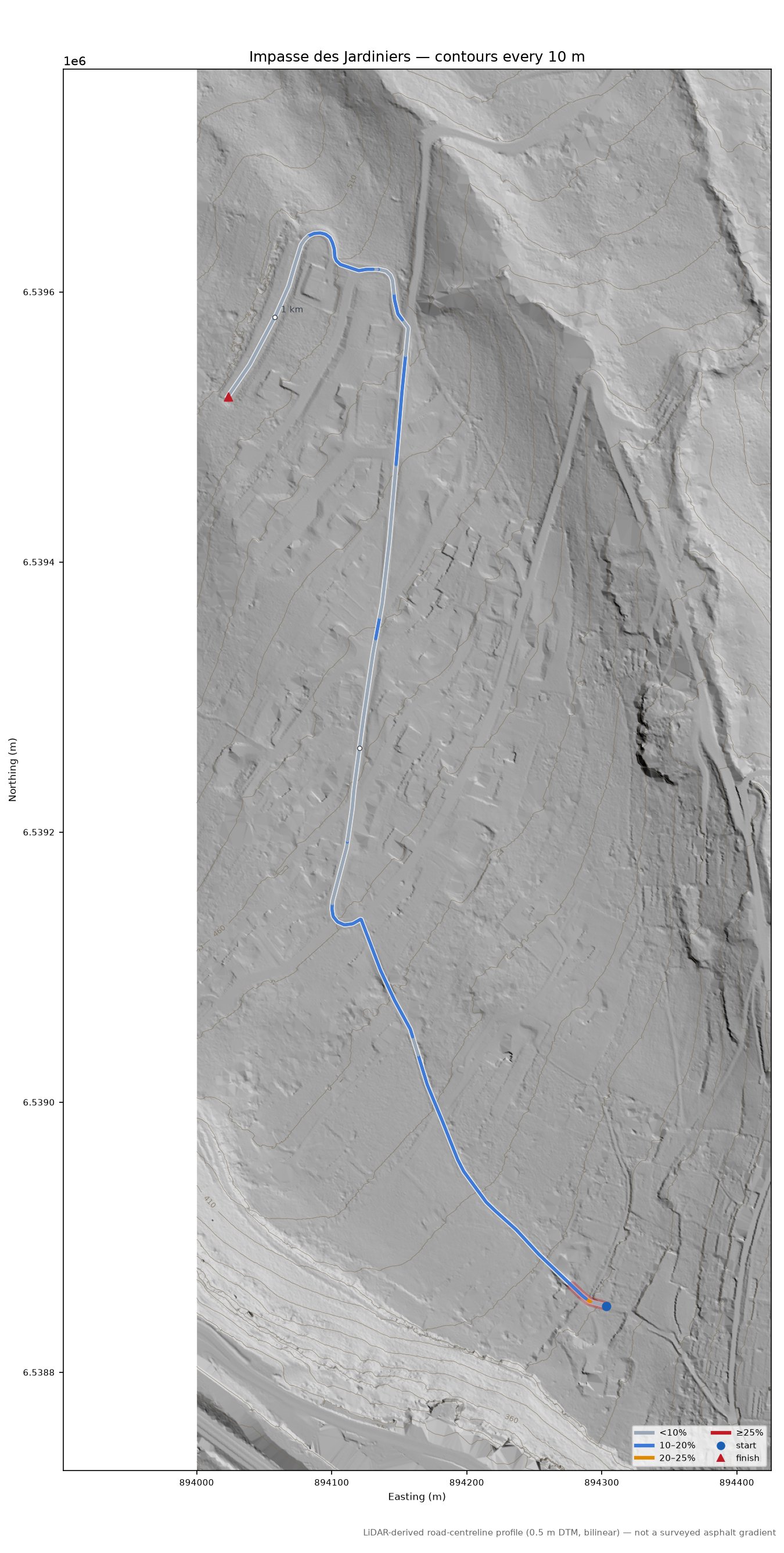 Impasse des Jardiniers LiDAR hillshade map with contours