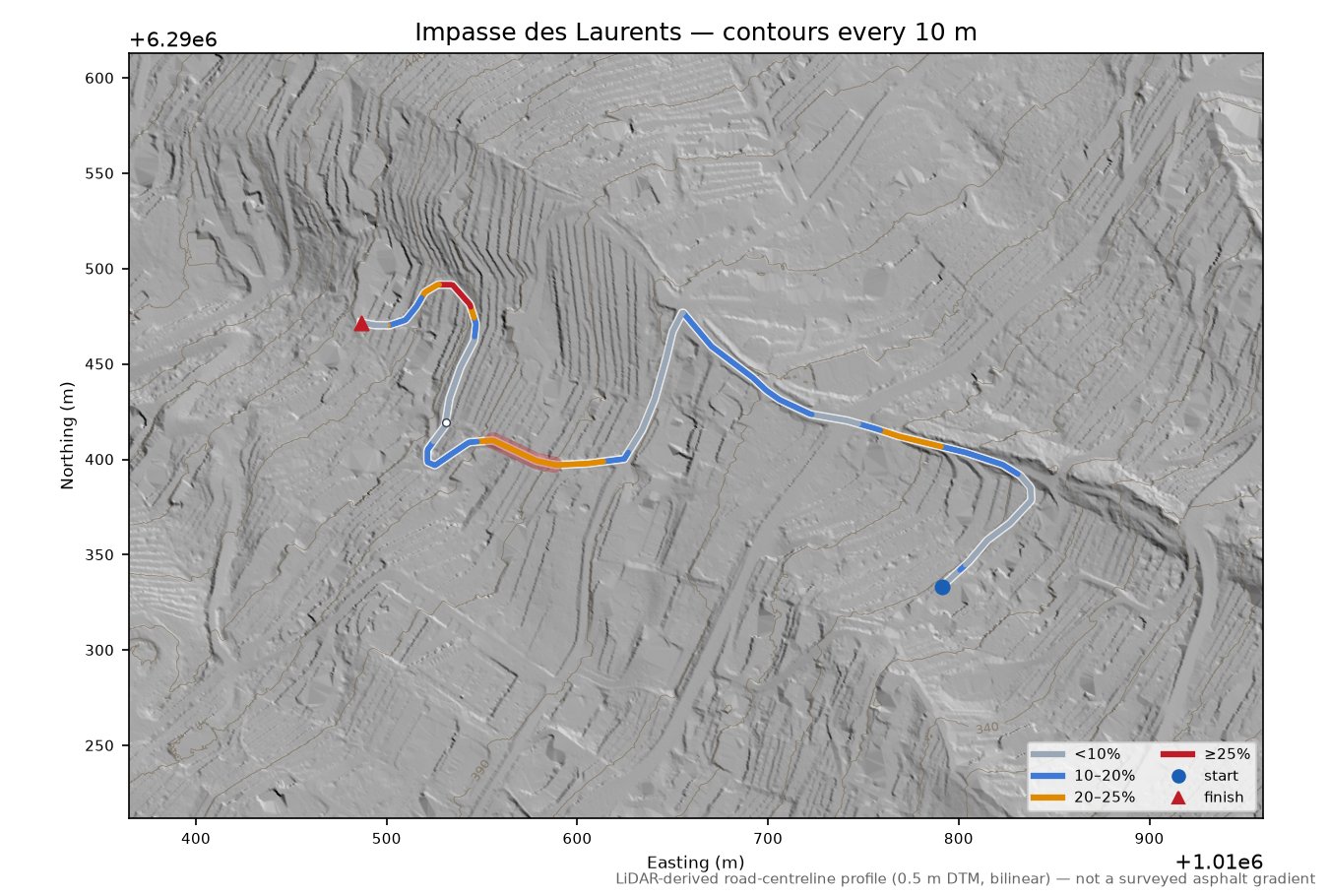 Impasse des Laurents LiDAR hillshade map with contours