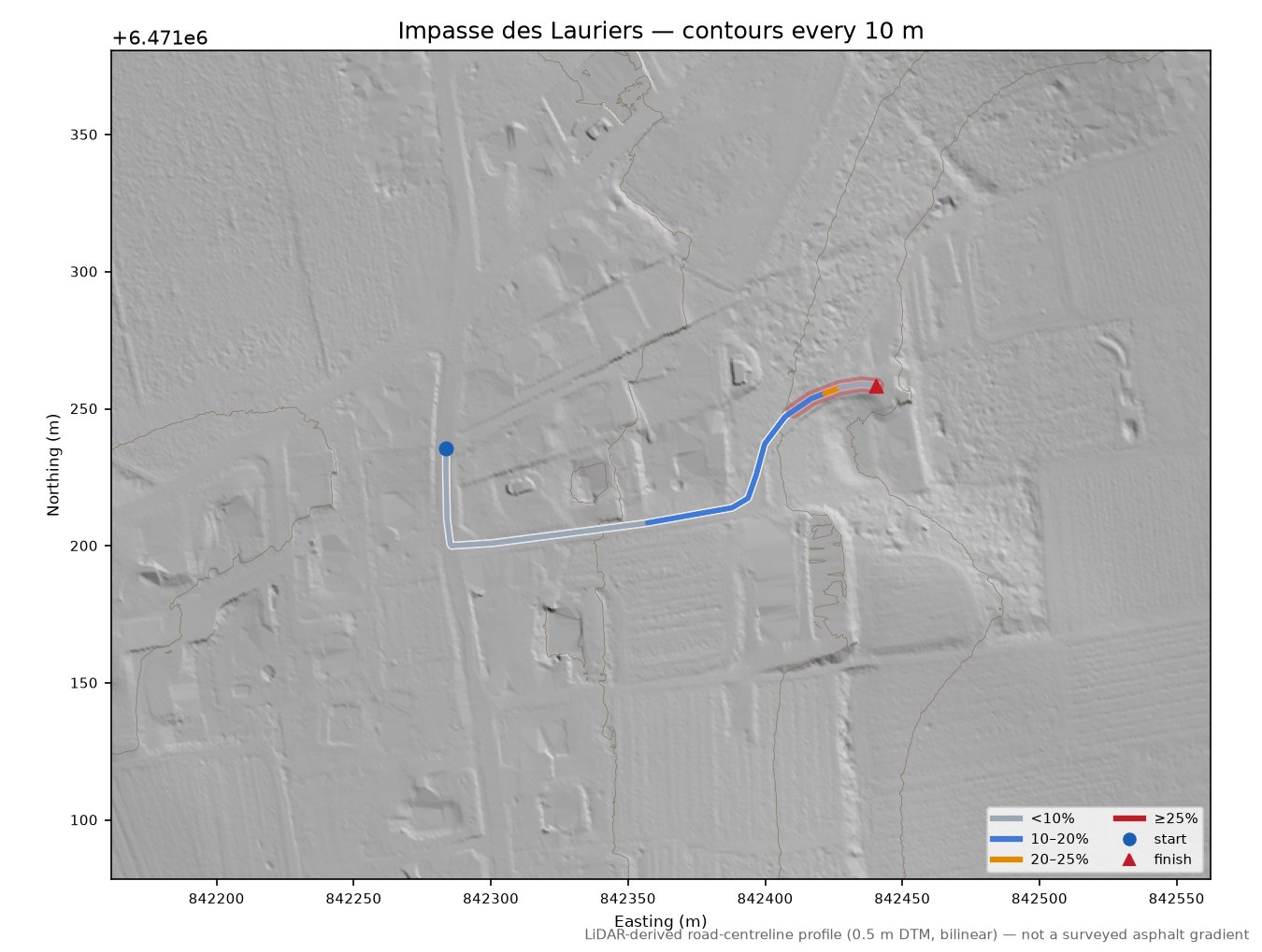 Impasse des Lauriers LiDAR hillshade map with contours